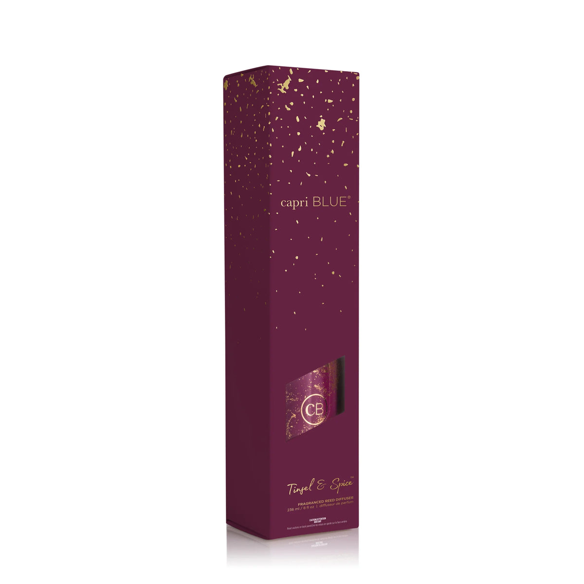 Capri blue tinsel and spice reed diffuser box in burgundy and gold.