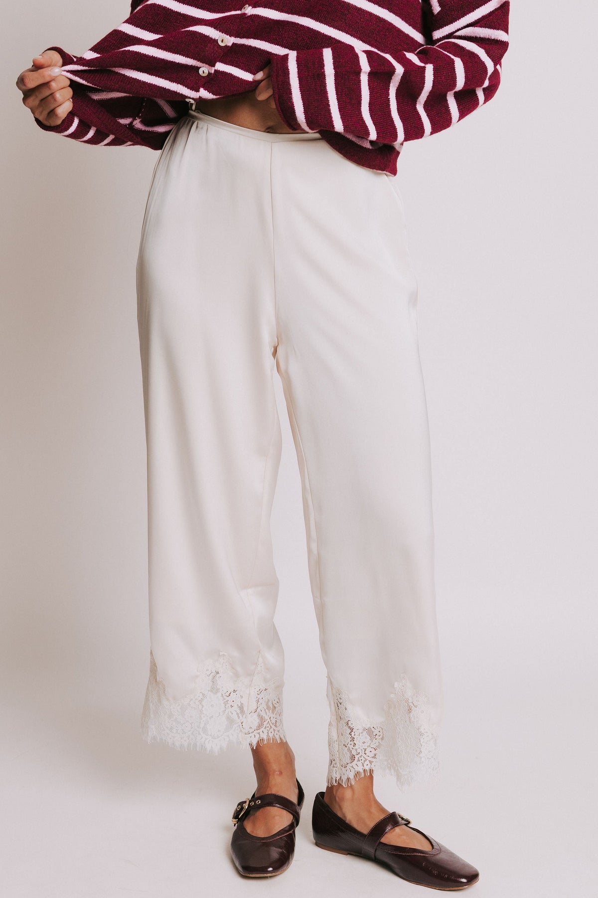 champagne satin pants with lace trim 
