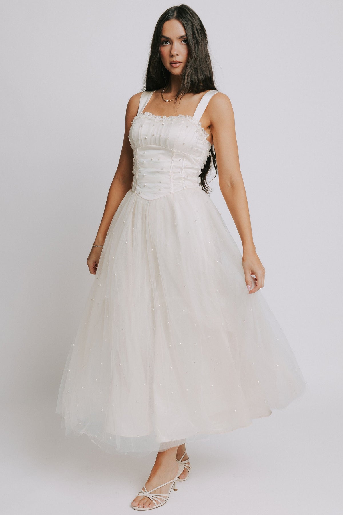 champagne tulle maxi dress with pearl accents on bodice full