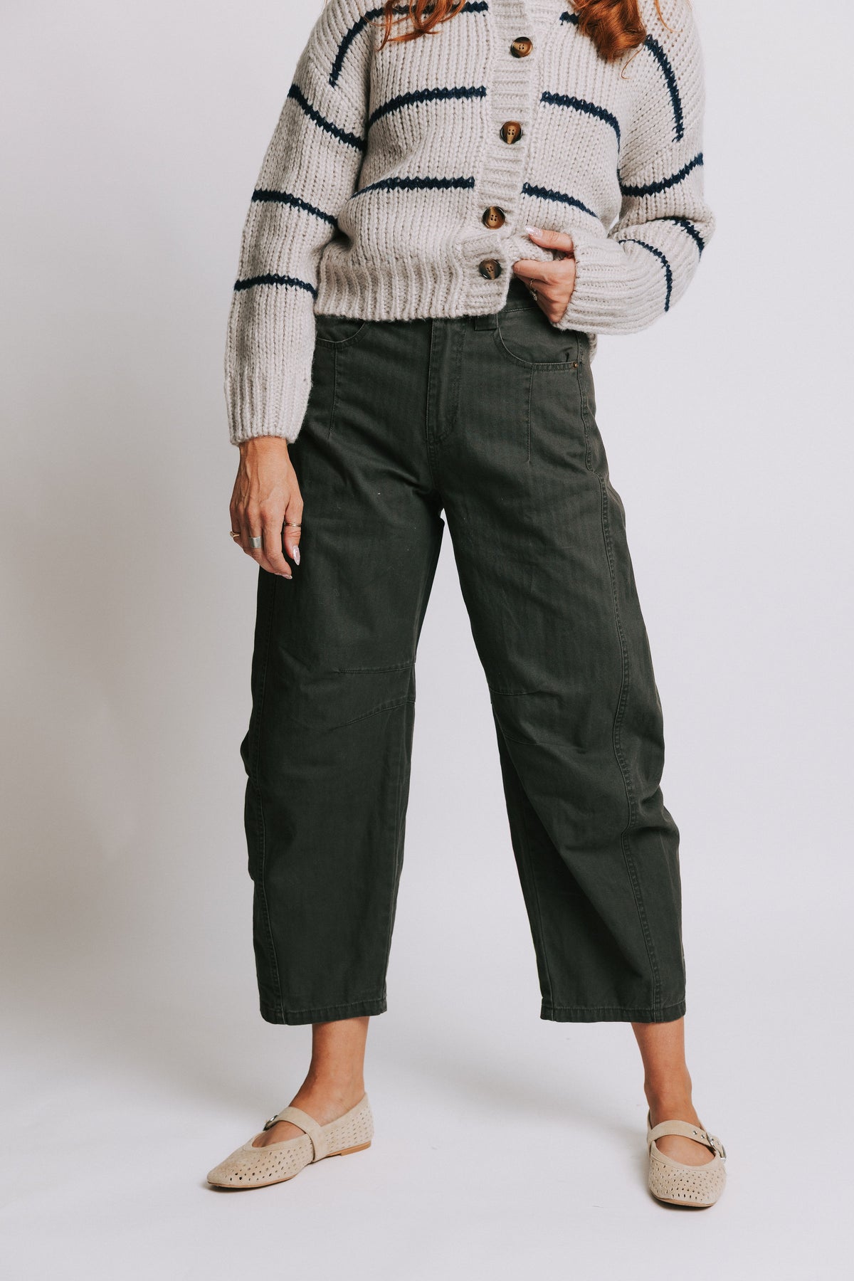 charcoal barrel leg pants with seam detailing