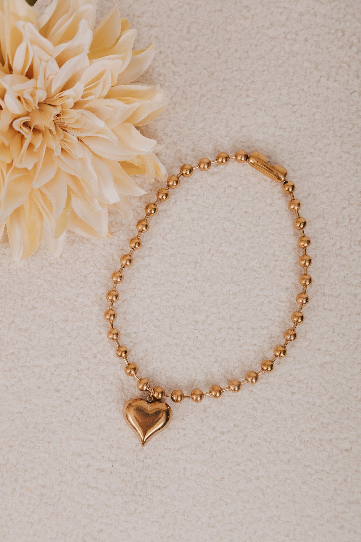 Chunky gold ball bead necklace with oversized heart pendant gold plated stainless steel