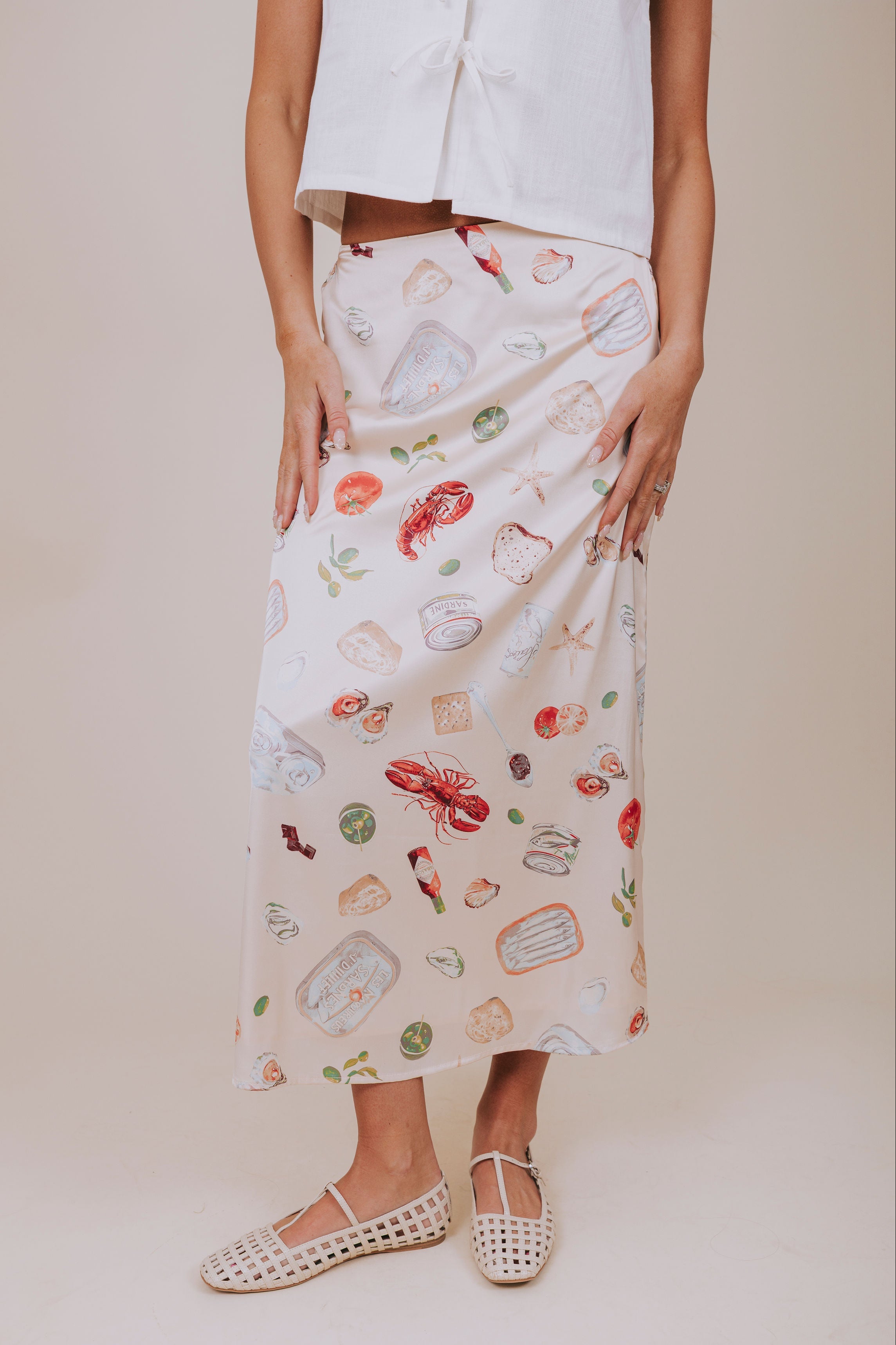 coastal print satin midi skirt front