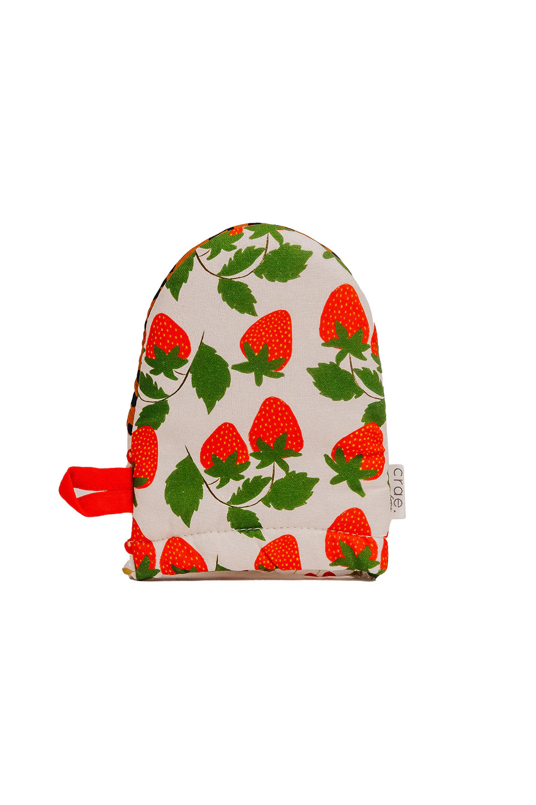 Oven mitt with strawberry pattern on a white background