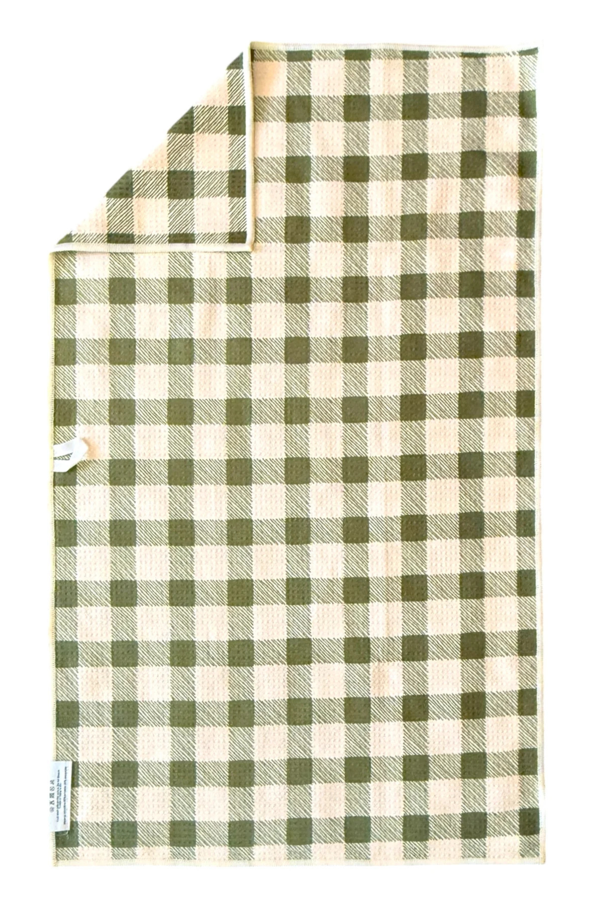 Green and beige plaid microfiber hand towel.