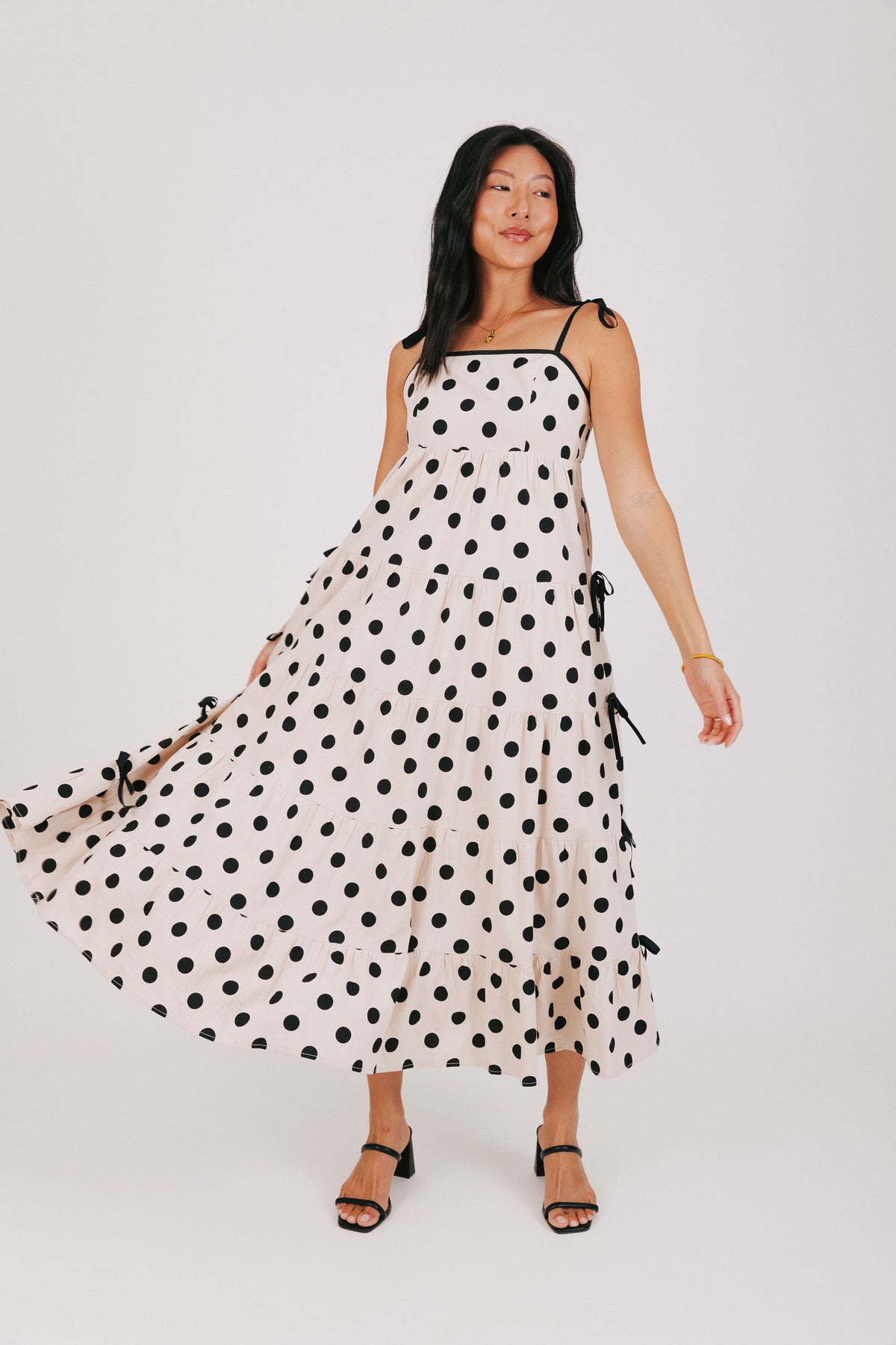 cream black polka dot dress Sweetheart Of The City L / Dot midi dress with