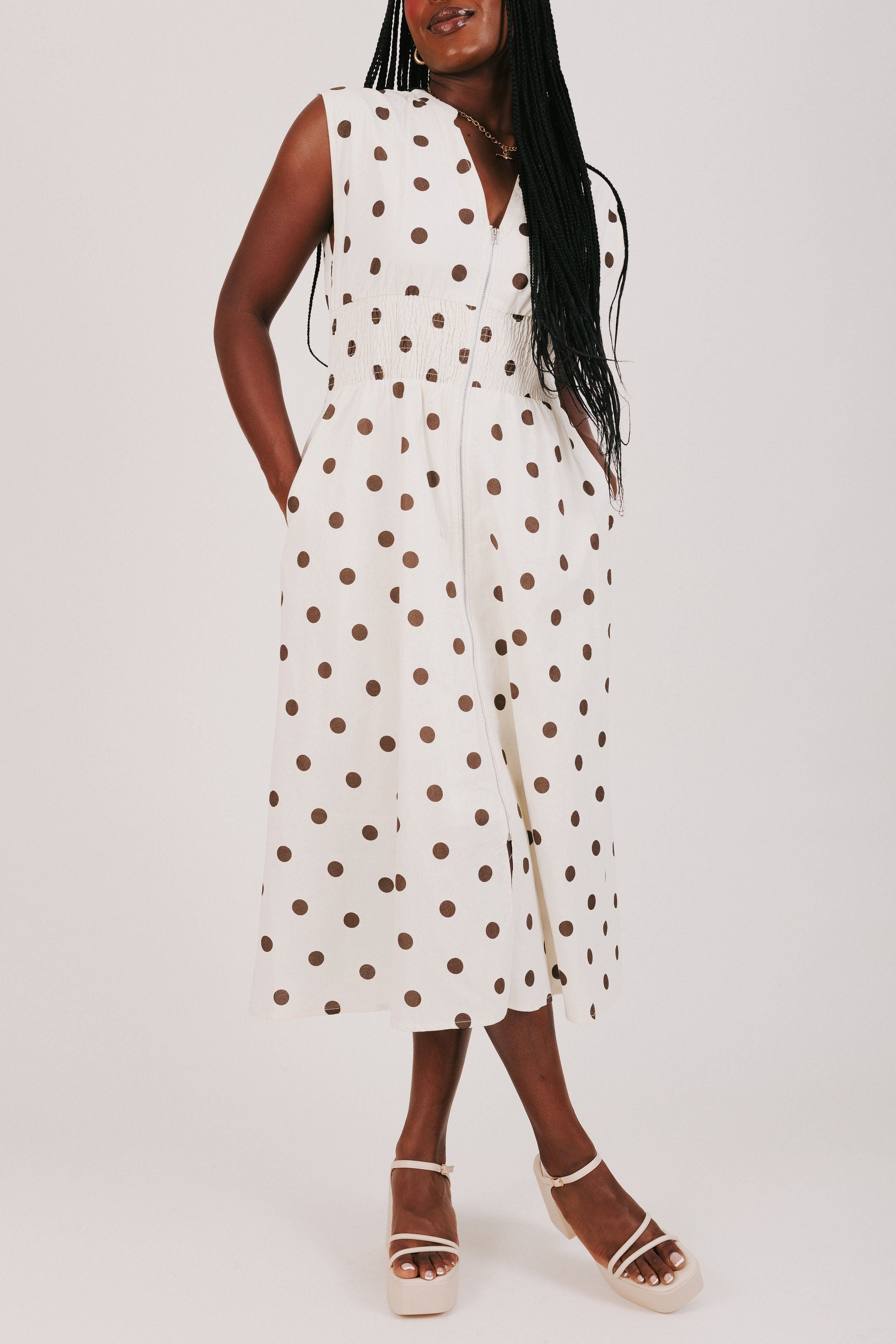 cream and brown polka dot dress with front zipper