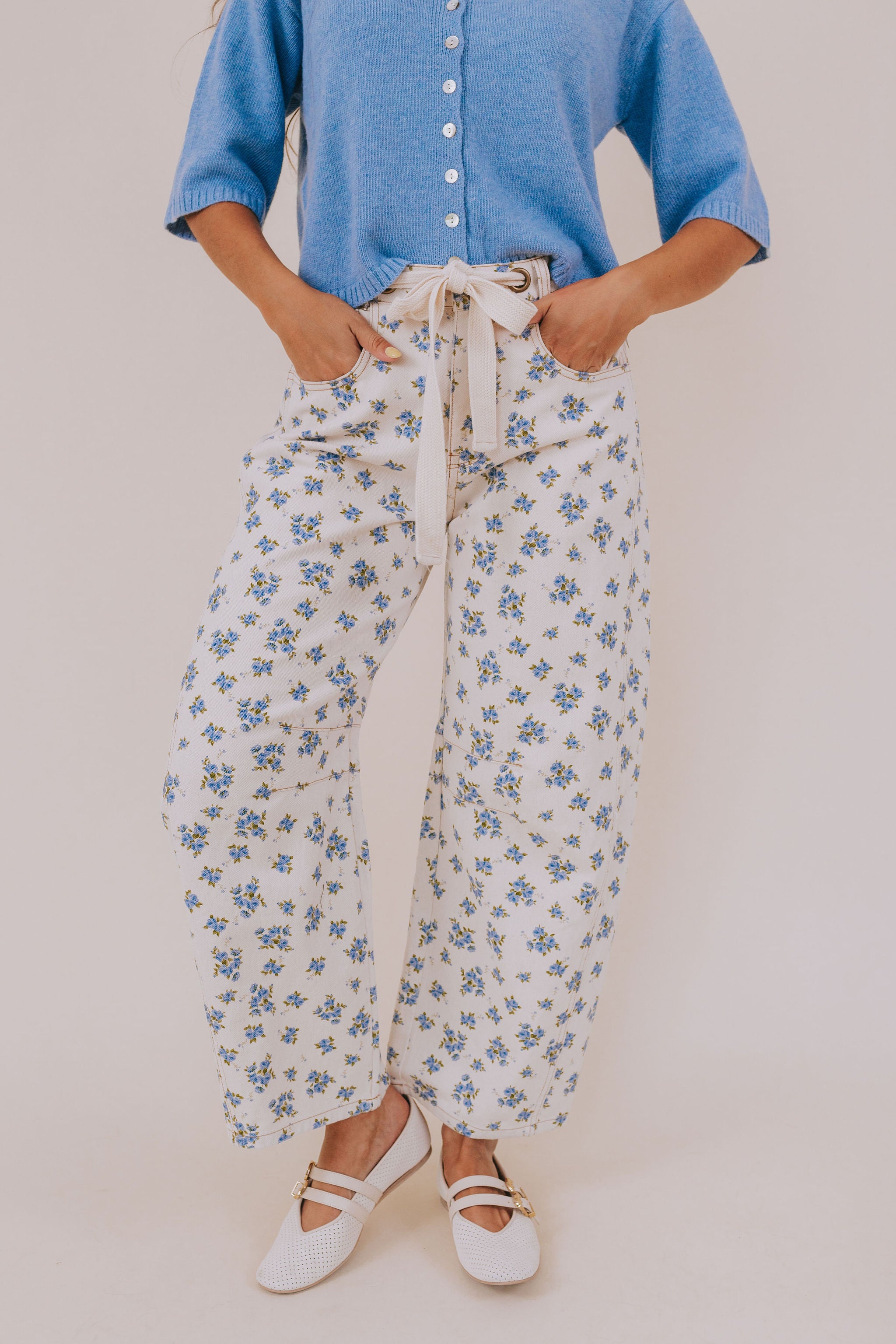 Denim patterned pants woven tied belt off-white pockets 