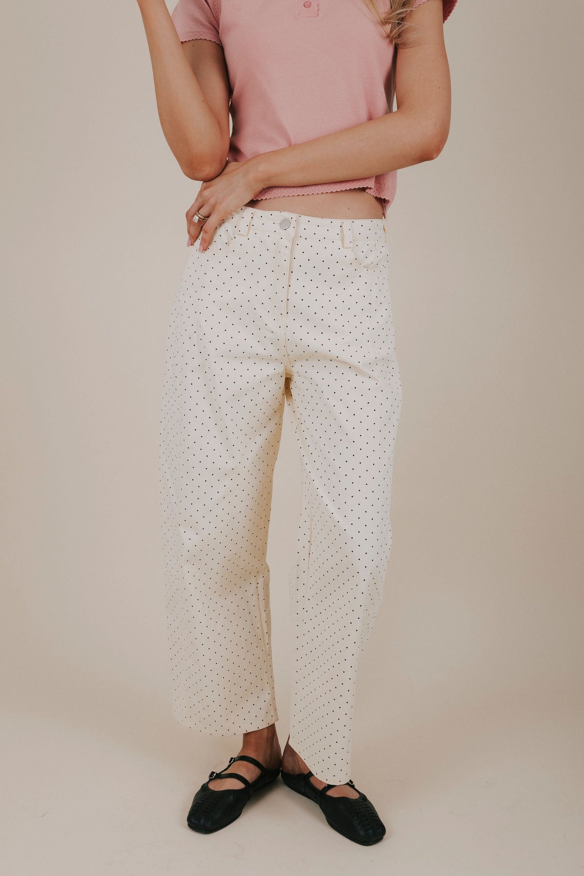 cream black polka dot barrel jeans front 2