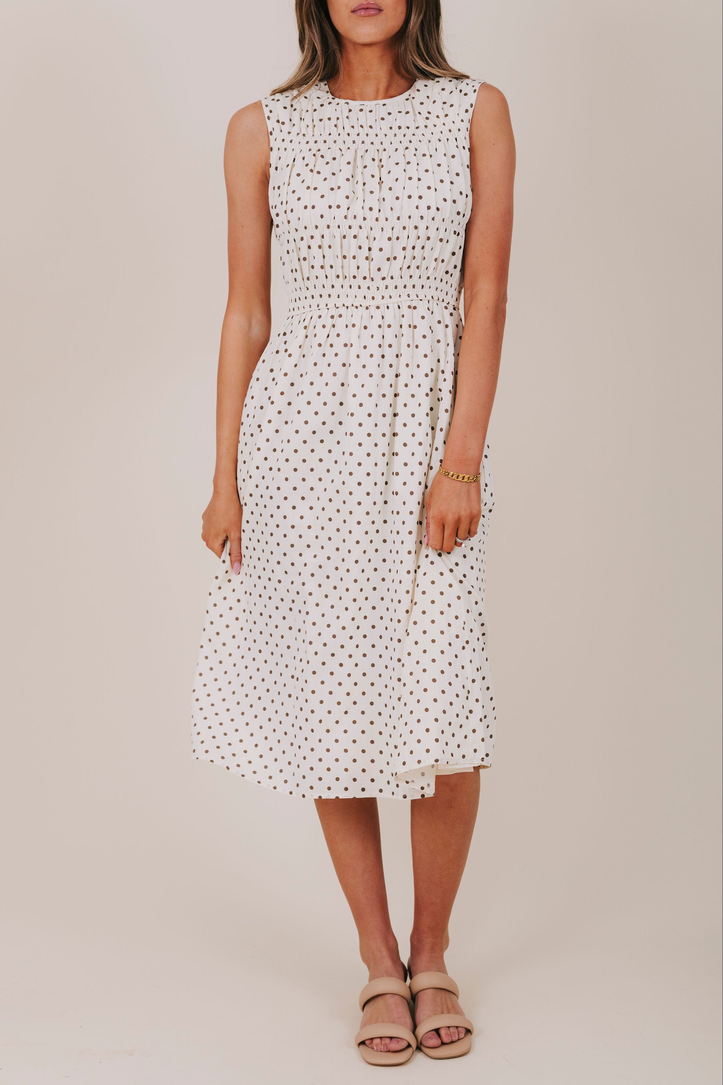 beige and white polka dot dress The Beige V Neck Polka Dot Button Midi Dress
