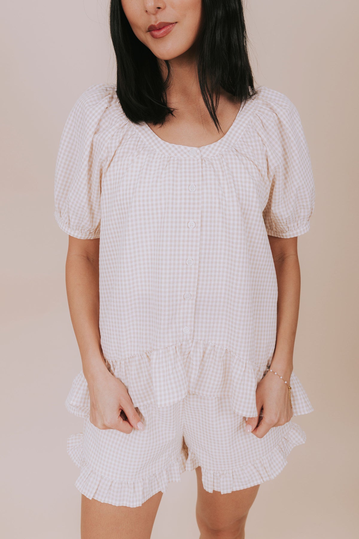 cream gingham ruffle button down blouse detail