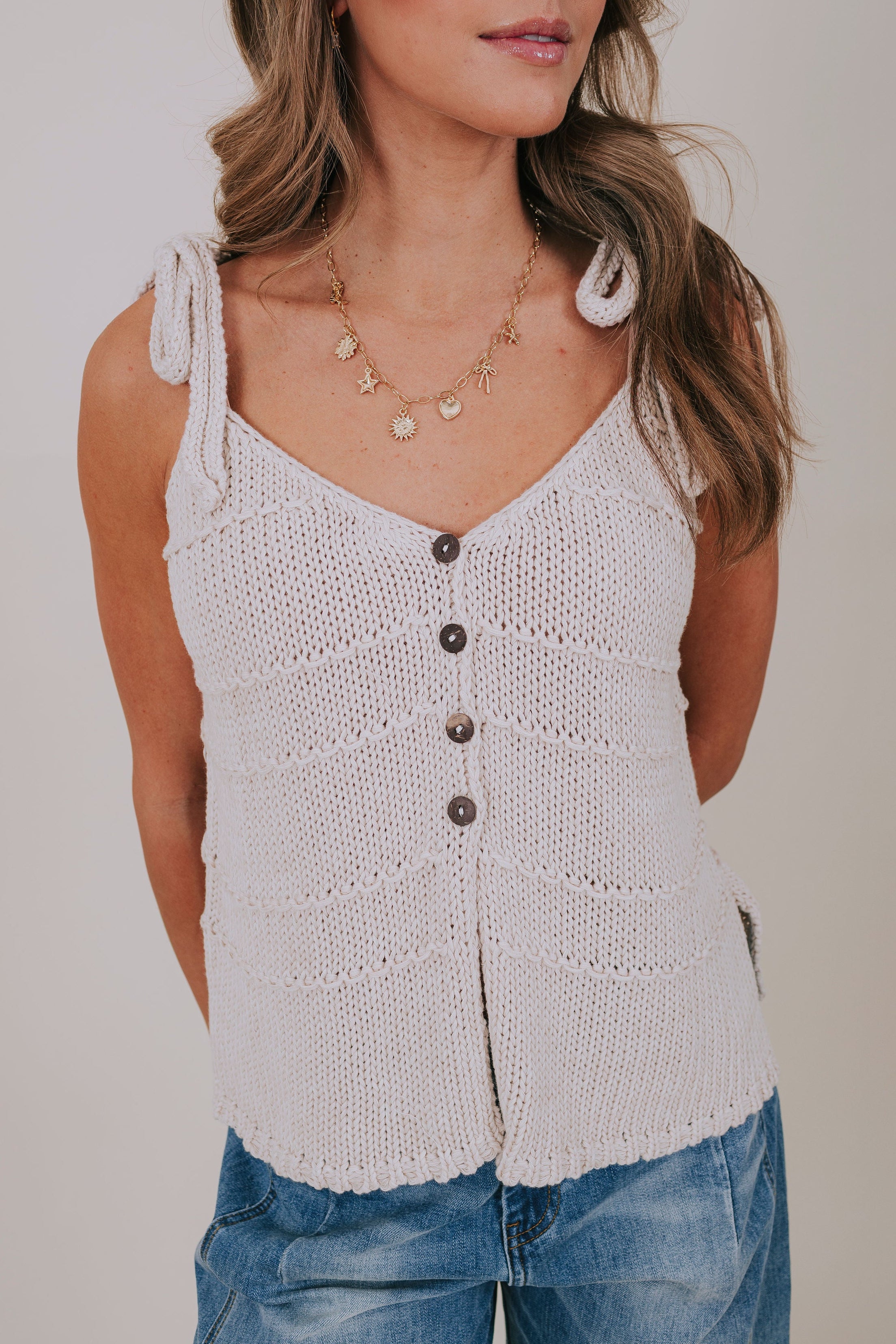 cream knit tie strap top detail