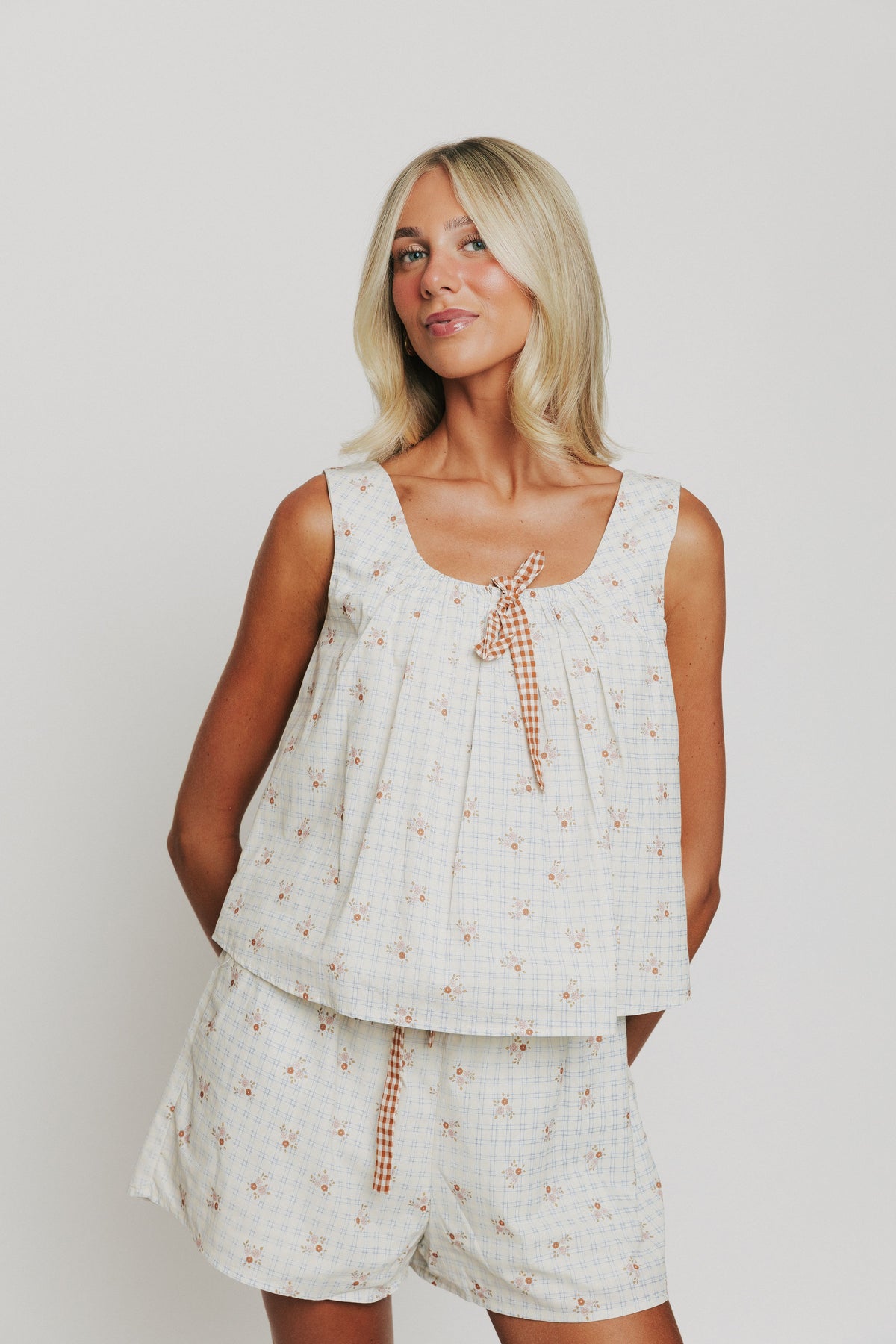 cream plaid and floral tank with gingham bow detail