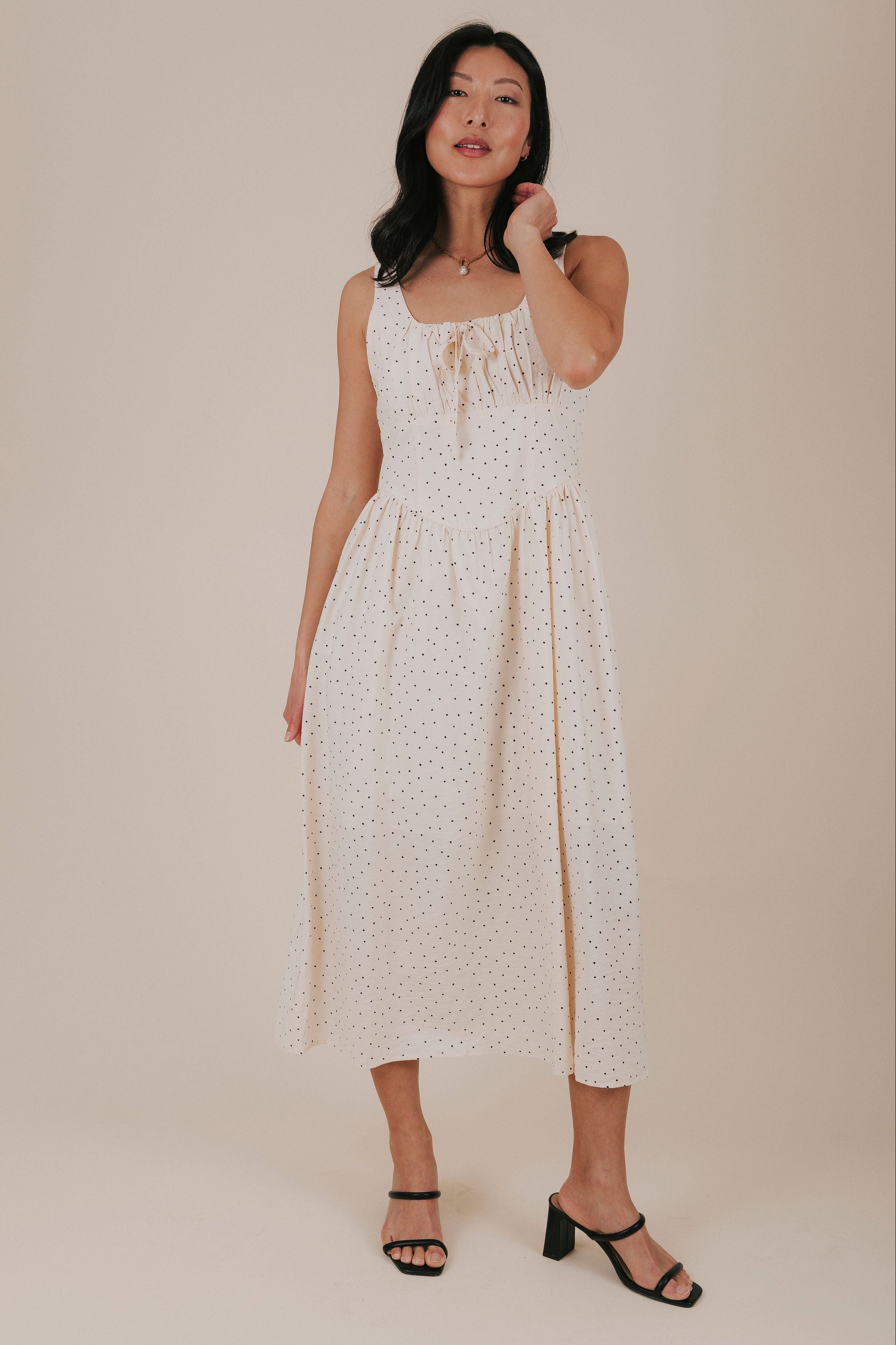 cream polka dot midi dress full