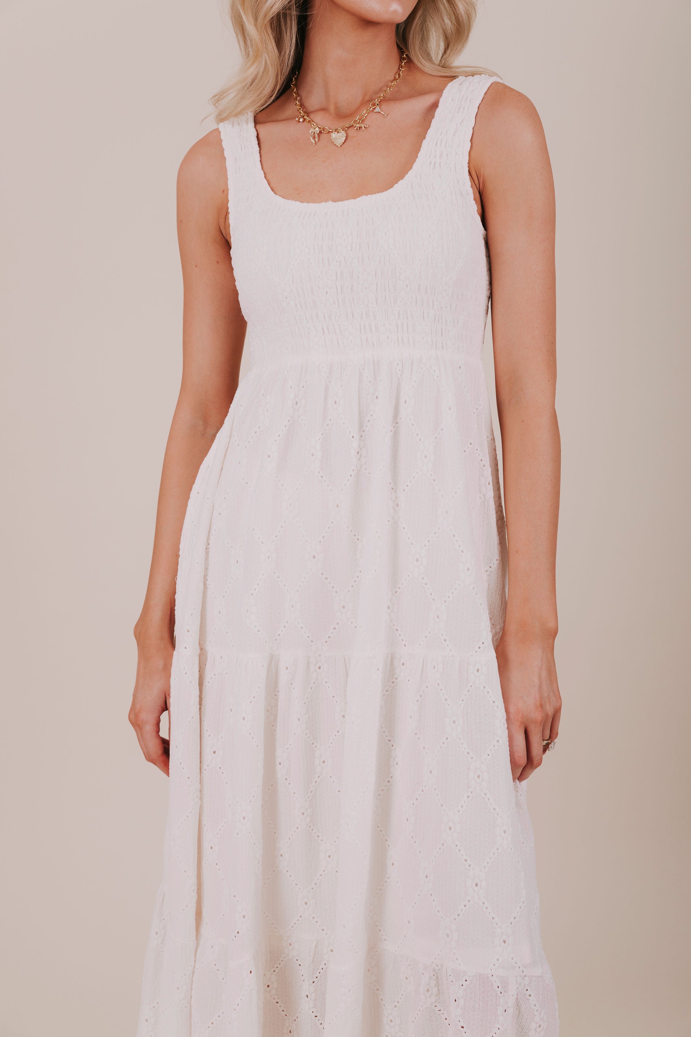 cream shirred eyelet maxi dress detail