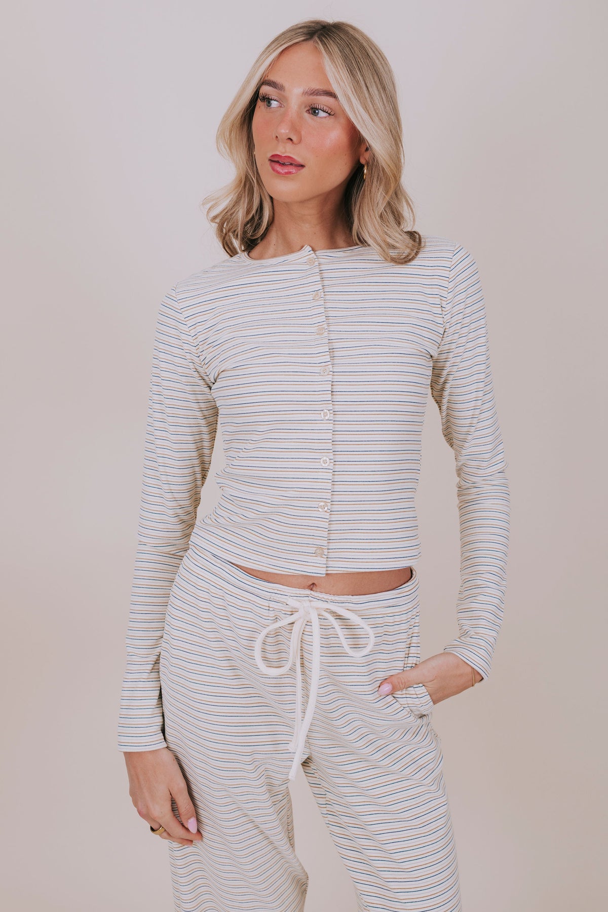 cream striped matching set top front