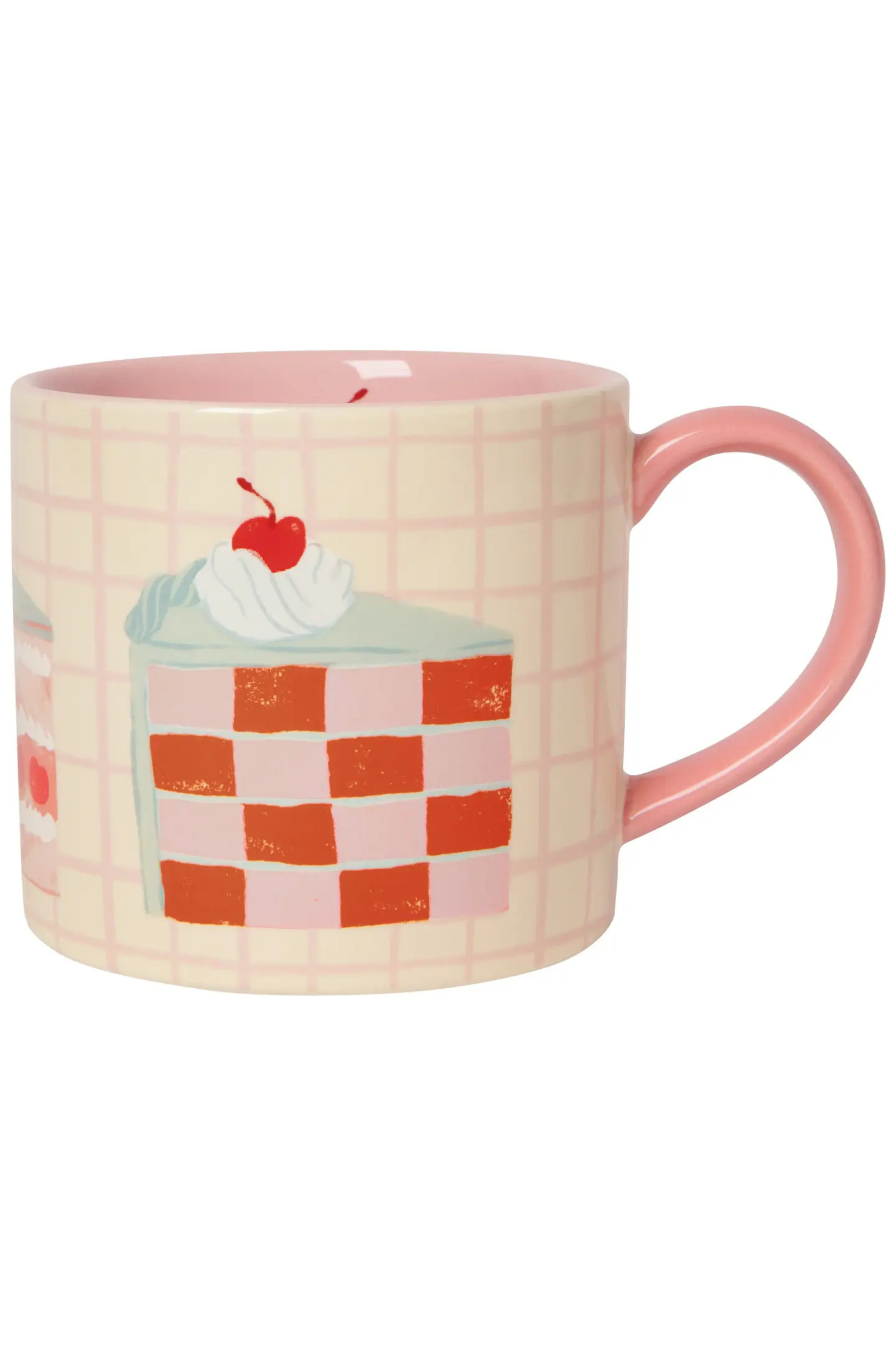 birthday mug with slice of checkered cake pink accents