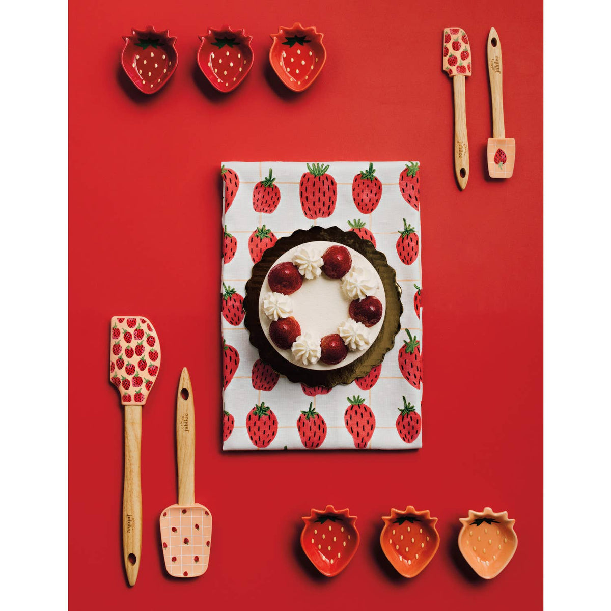 Strawberry themed setting with set of 6 six little painted pinch pots 