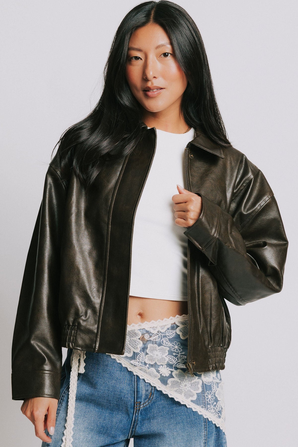 dark brown leather bomber jacket
