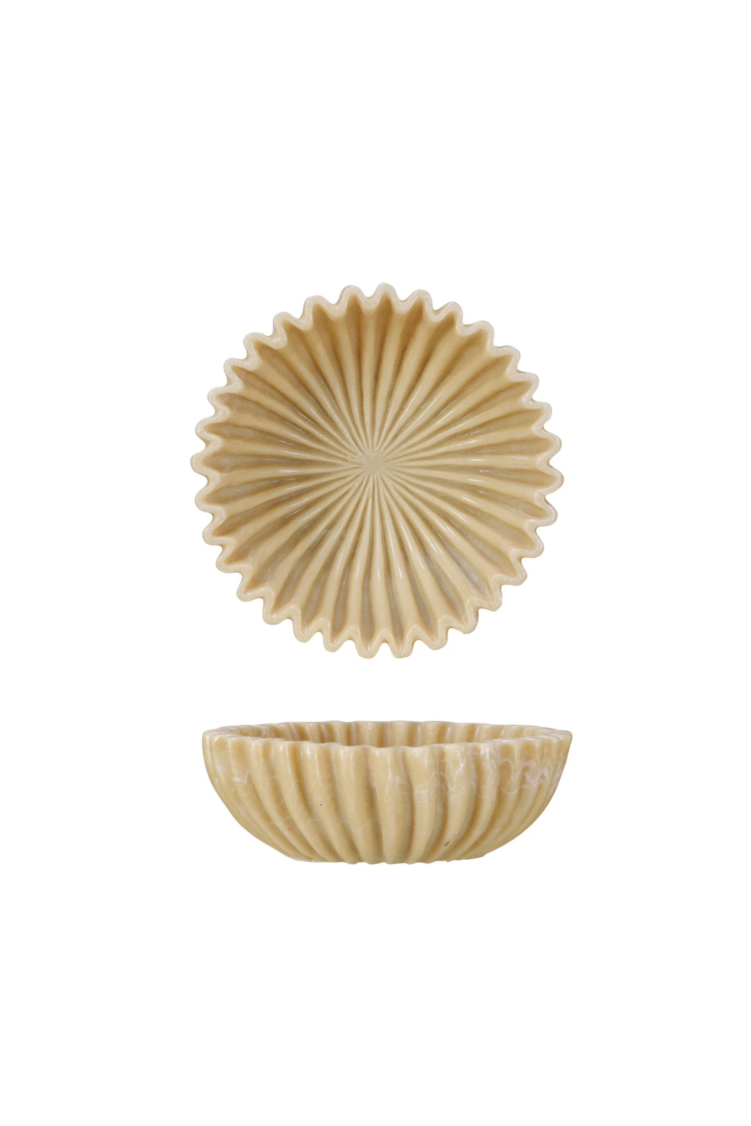Beige ribbed bowl made of resin with a scalloped edge.