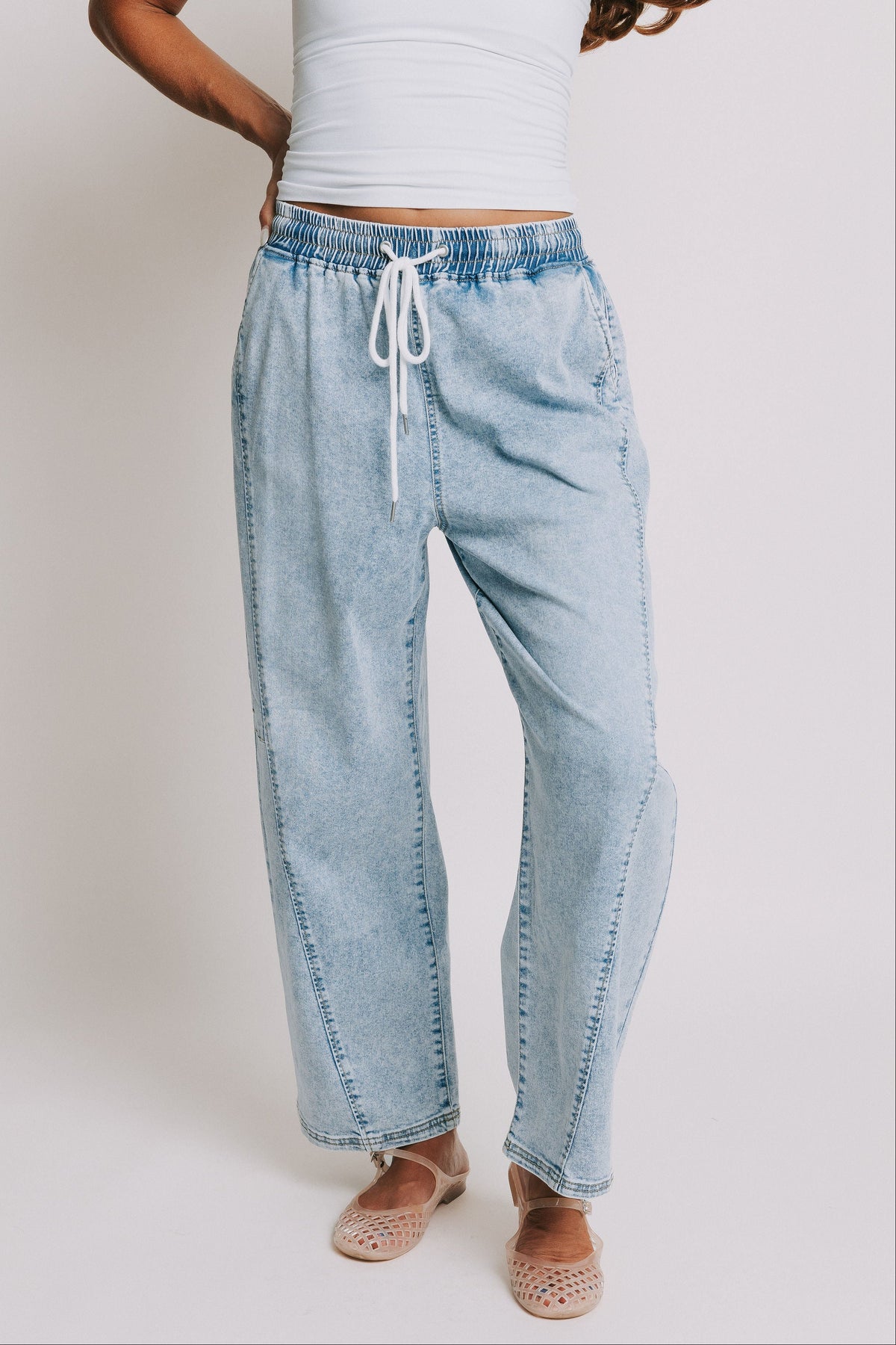 denim barrel pants with elastic waist and drawstring