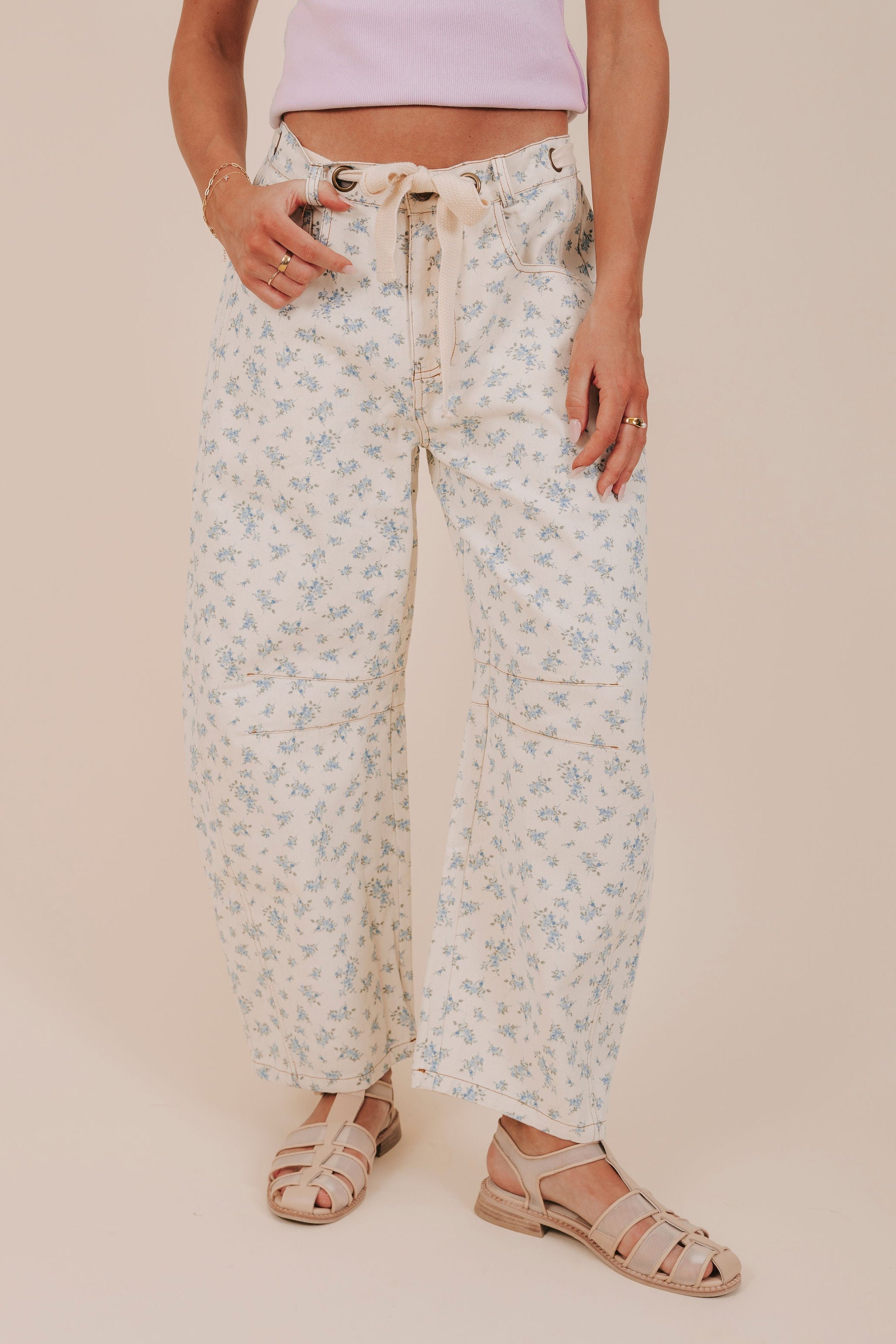 denim blue floral cream tie barrel jean front