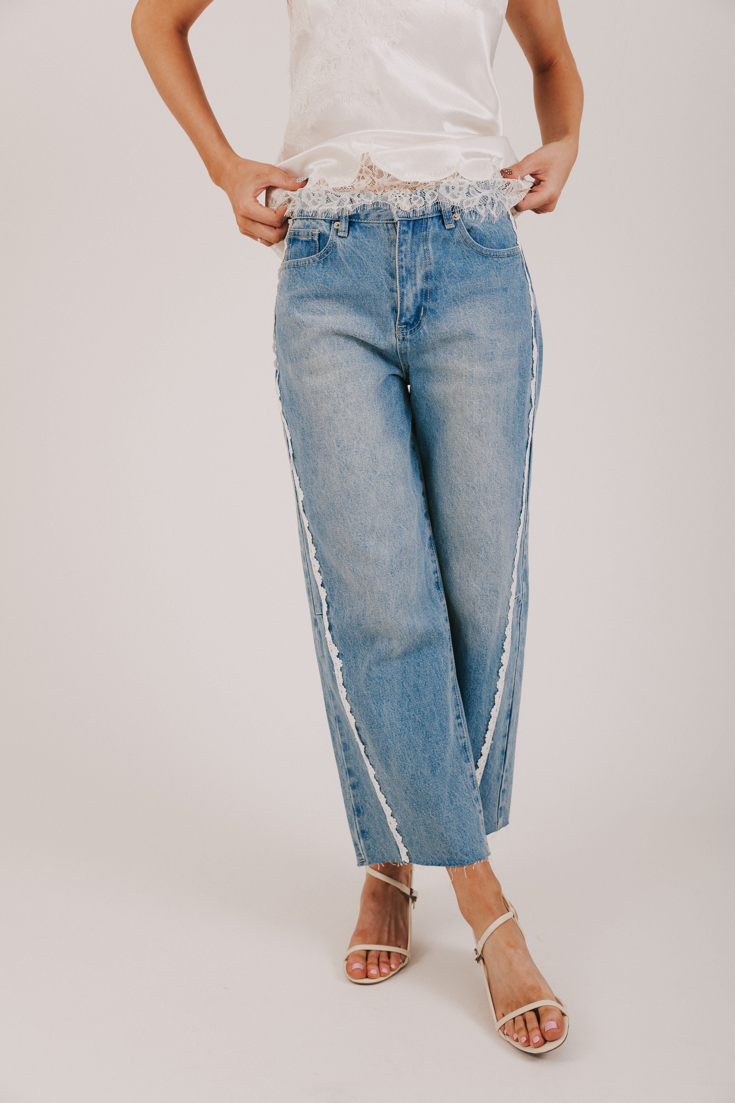 denim pants with lace trim detail