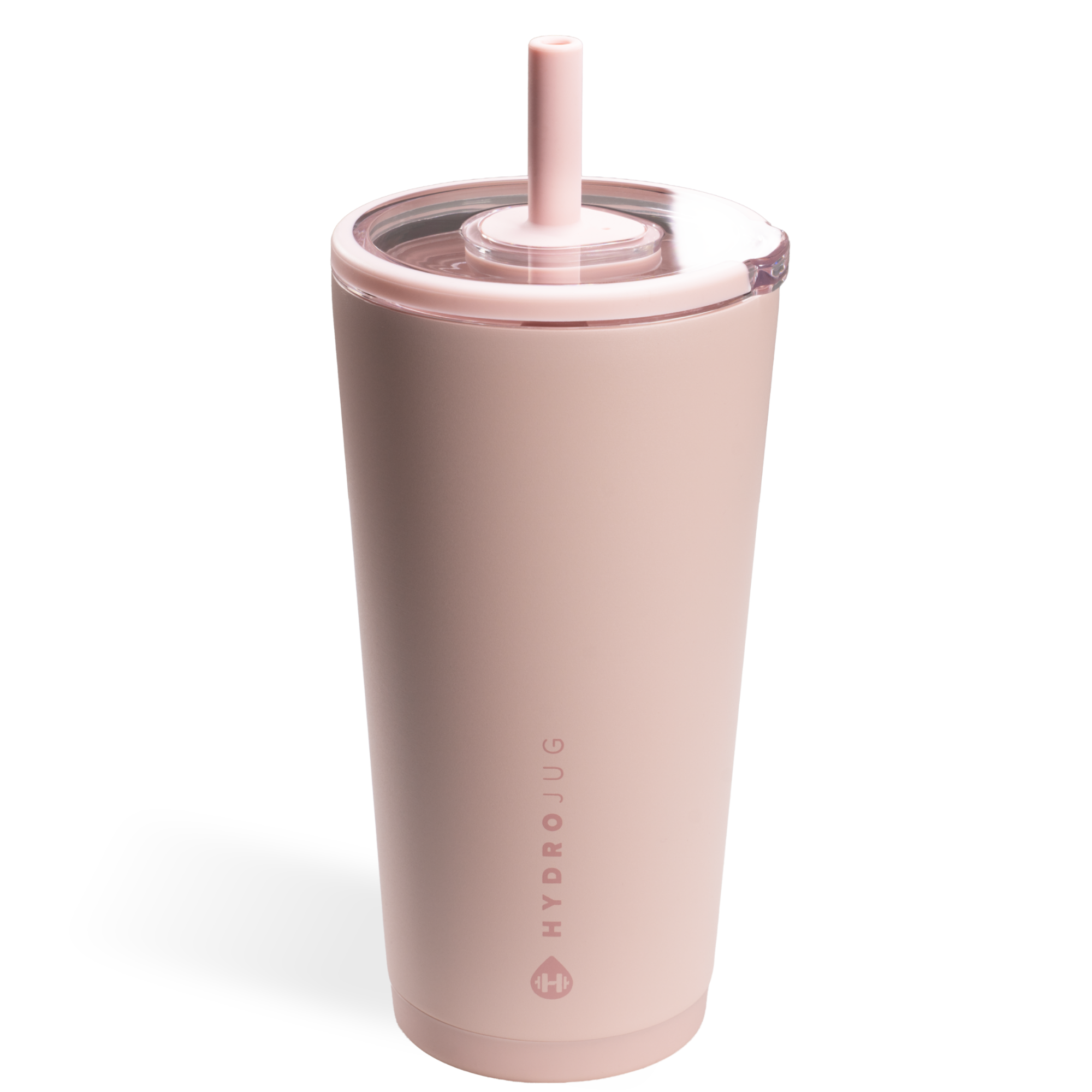 Pink HydroJug tumbler with rubber tipped straw 