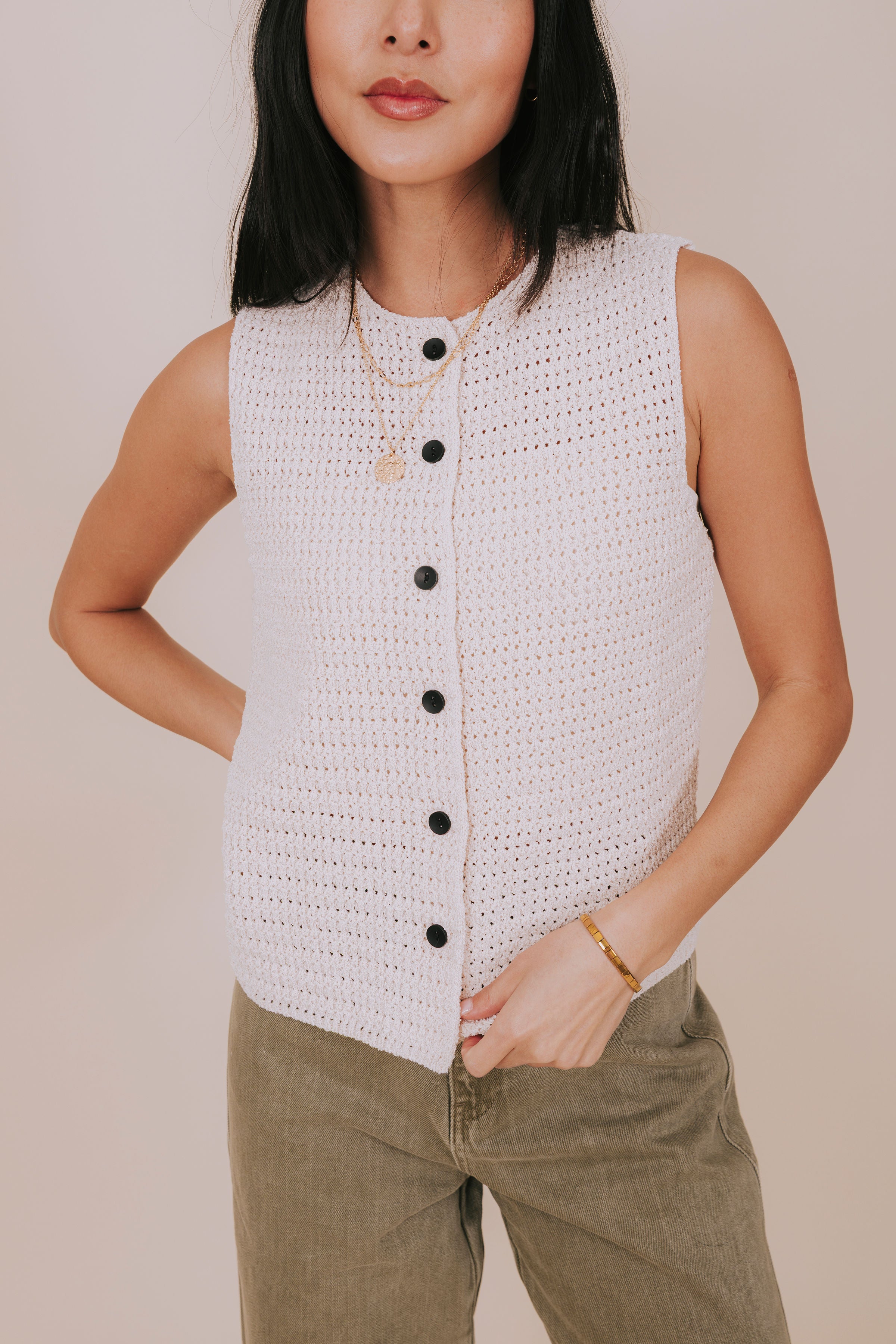 ecru open knit button down vest detail