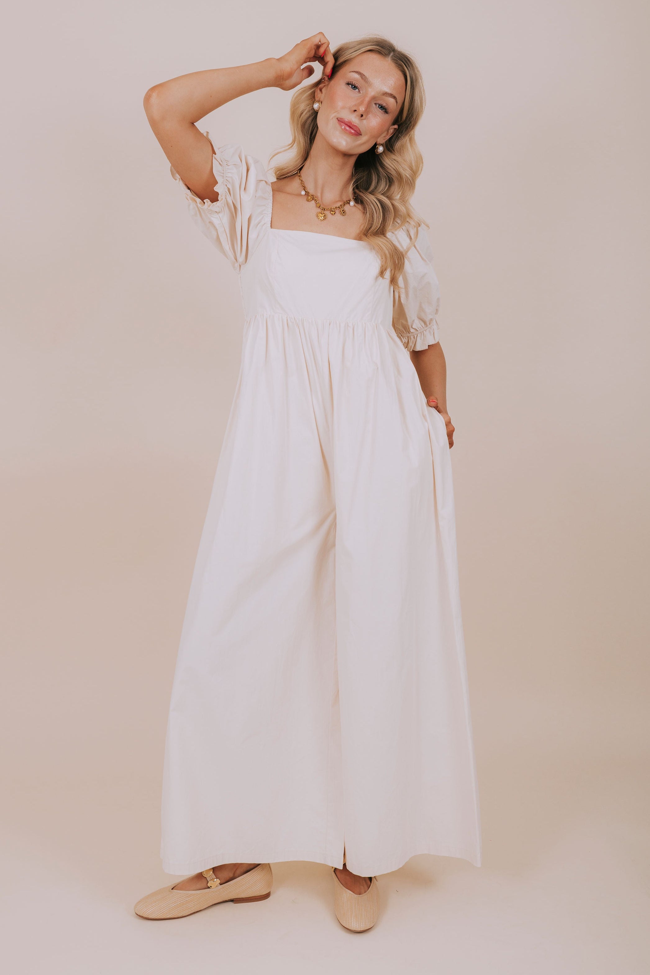 ecru puff sleeve wide leg jumpsuit full