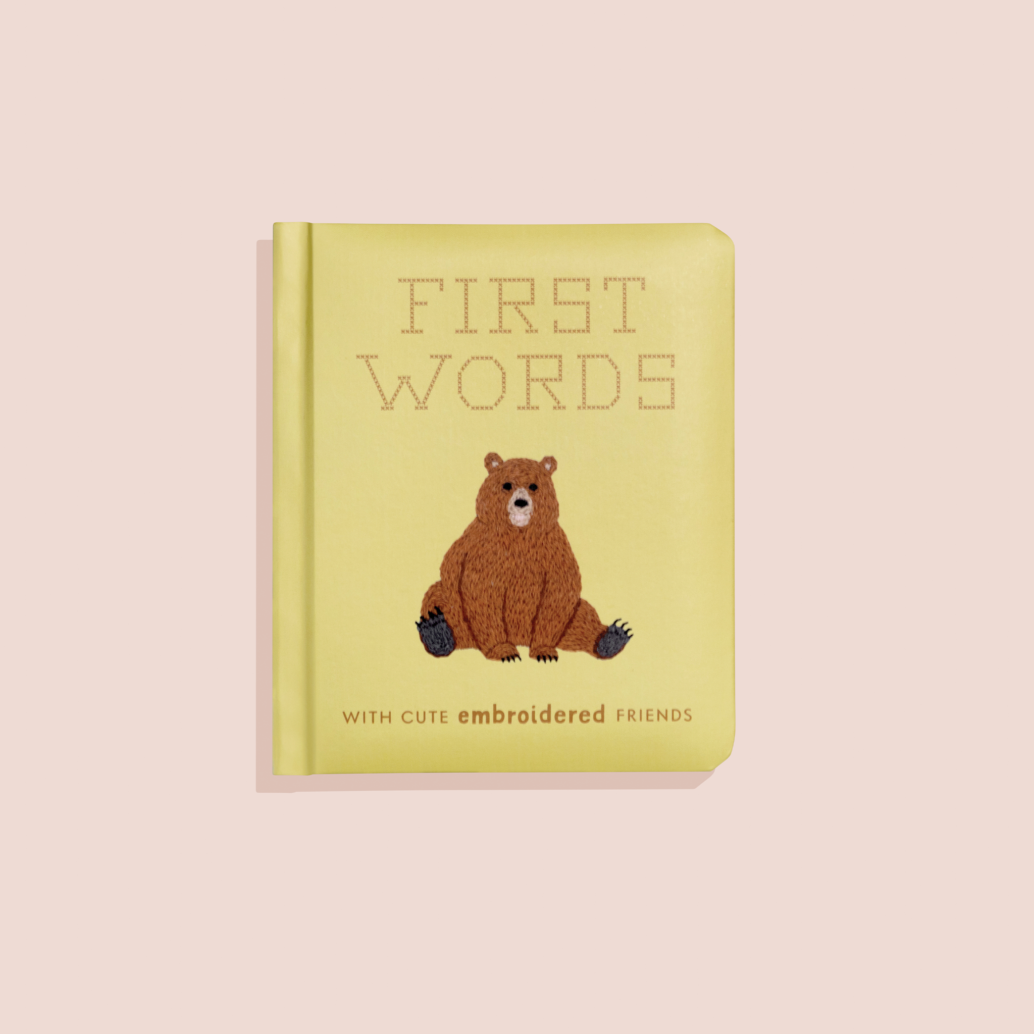 Children's book titled 'First Words' with a bear illustration on a light pink background