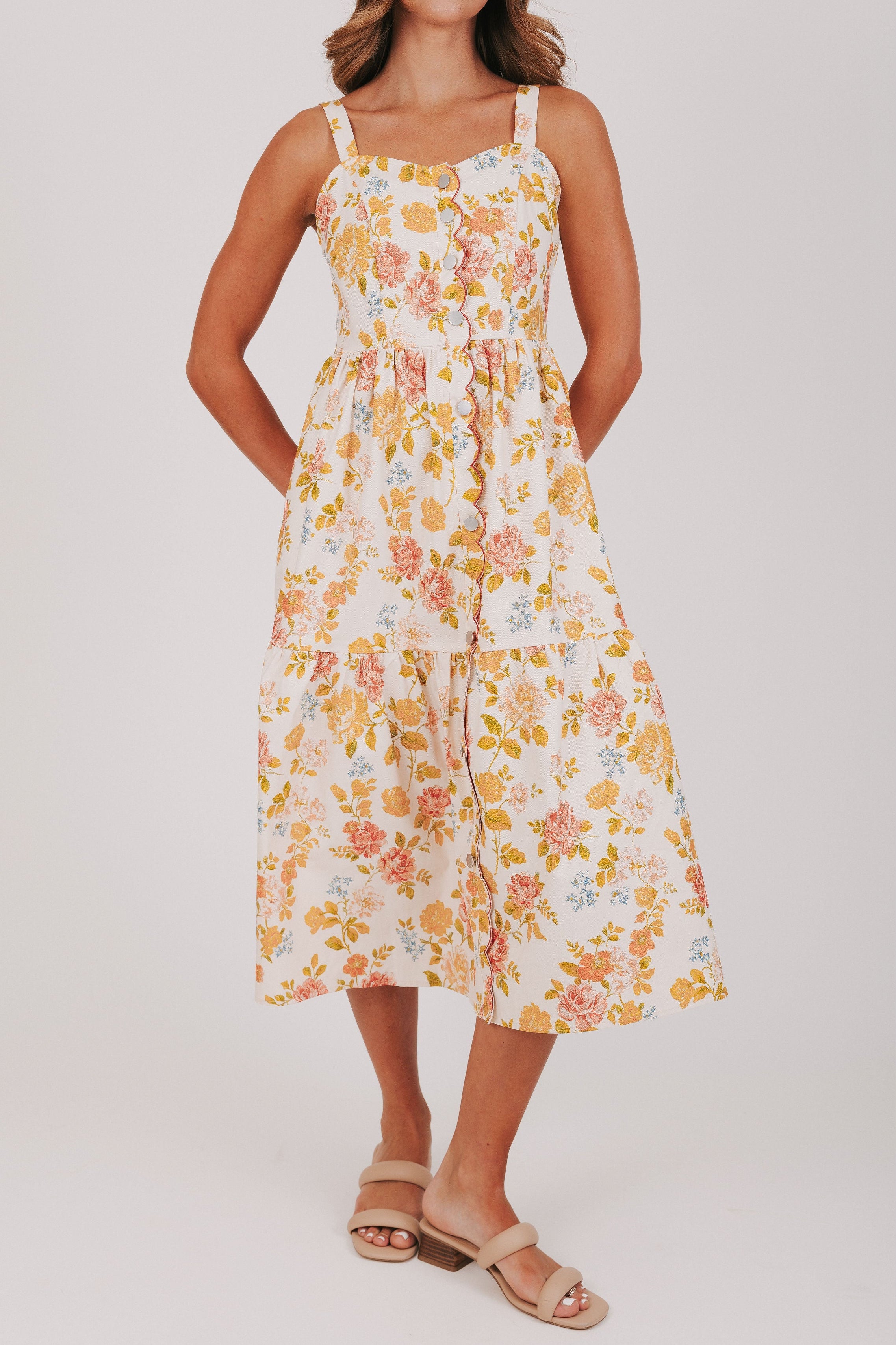 floral midi dress with scalloped buttons