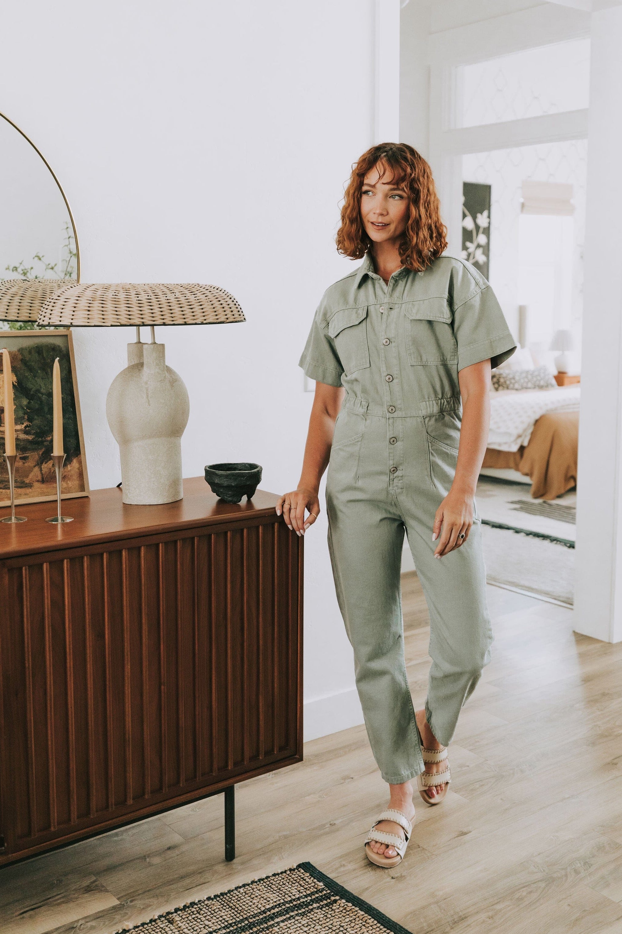 free people army green washed denim jumpsuit model