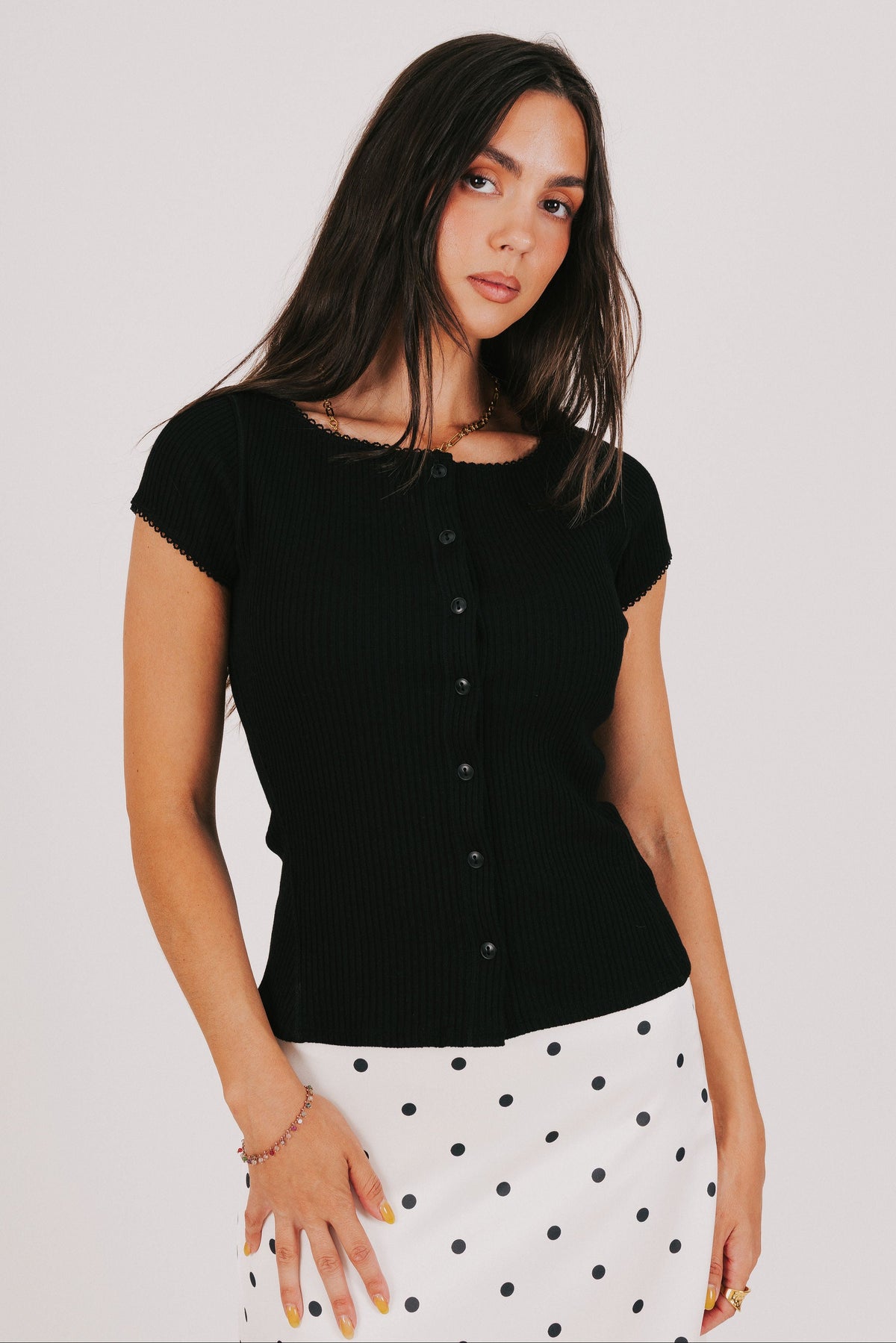 free people button front ribbed top black 
