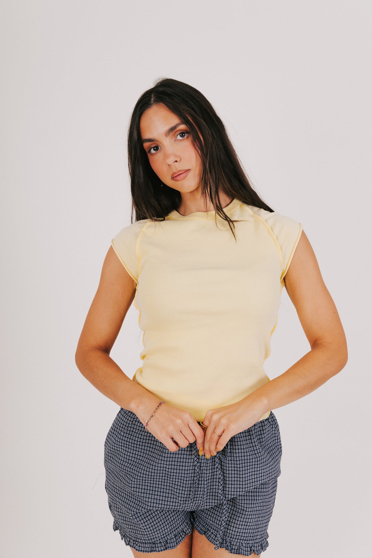 free people ribbed cap sleeve top yellow front