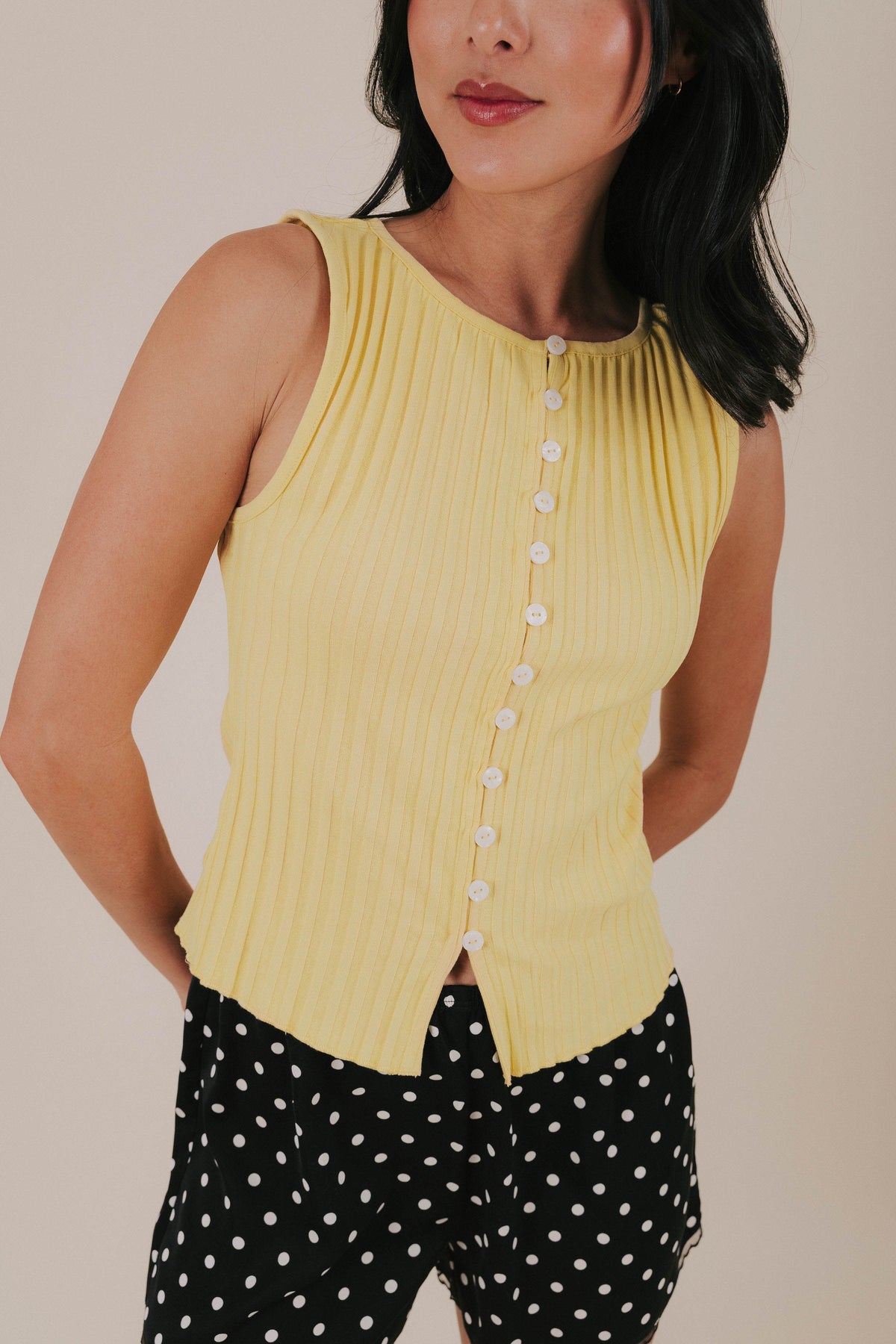 free people tilly vest wide ribbed button yellow detail