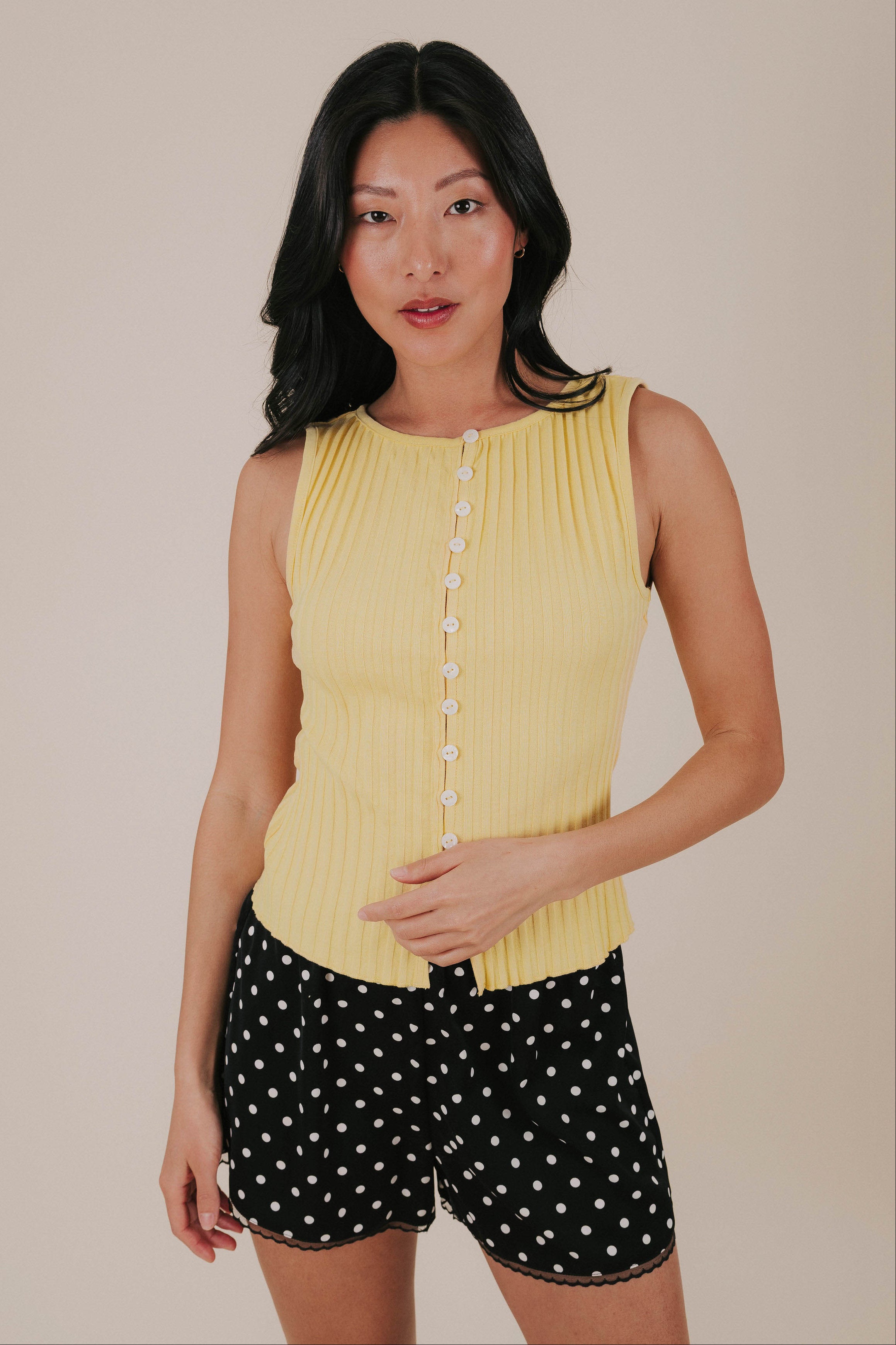 free people tilly vest wide ribbed button yellow front