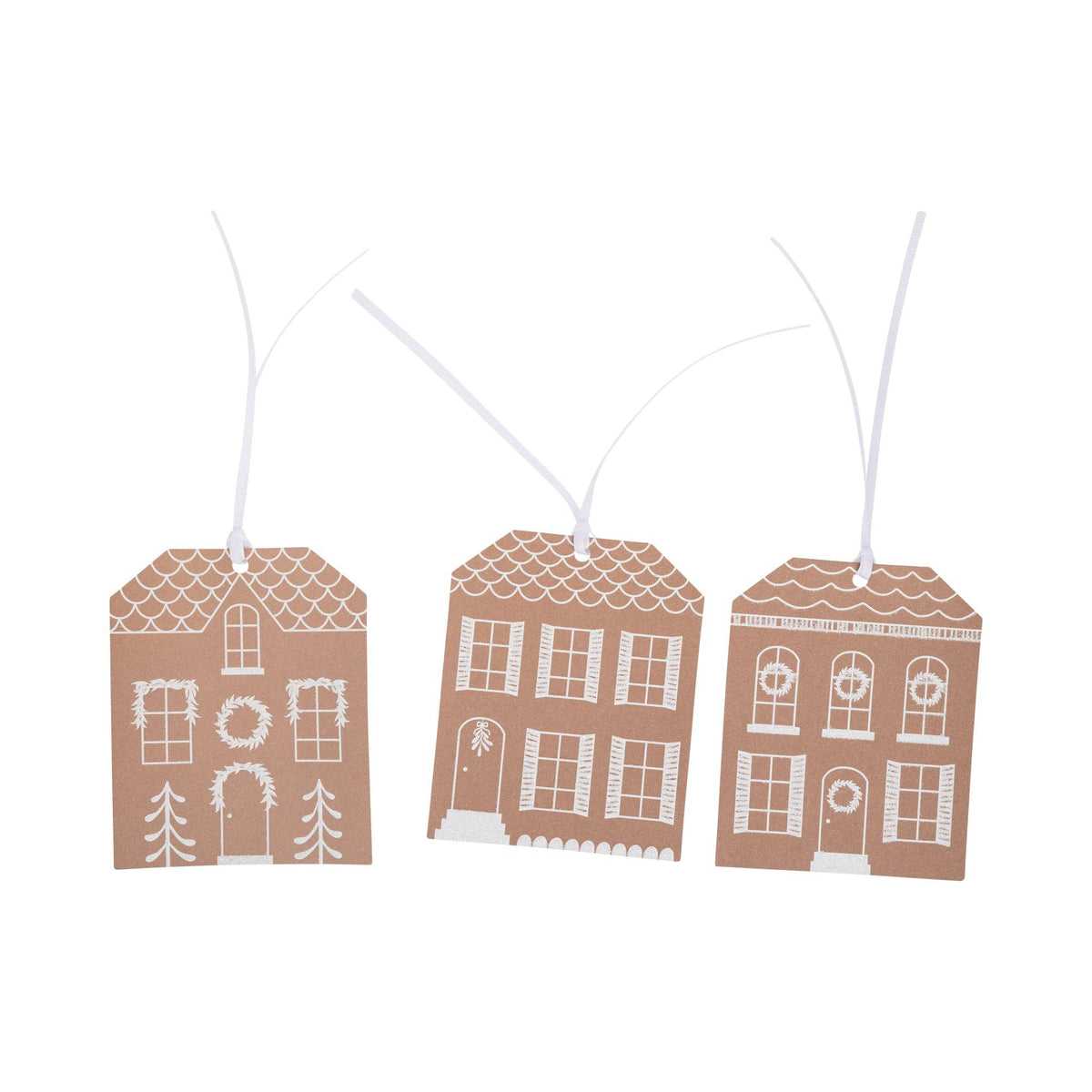 Three house-shaped gift tags with white house illustrations on a white background