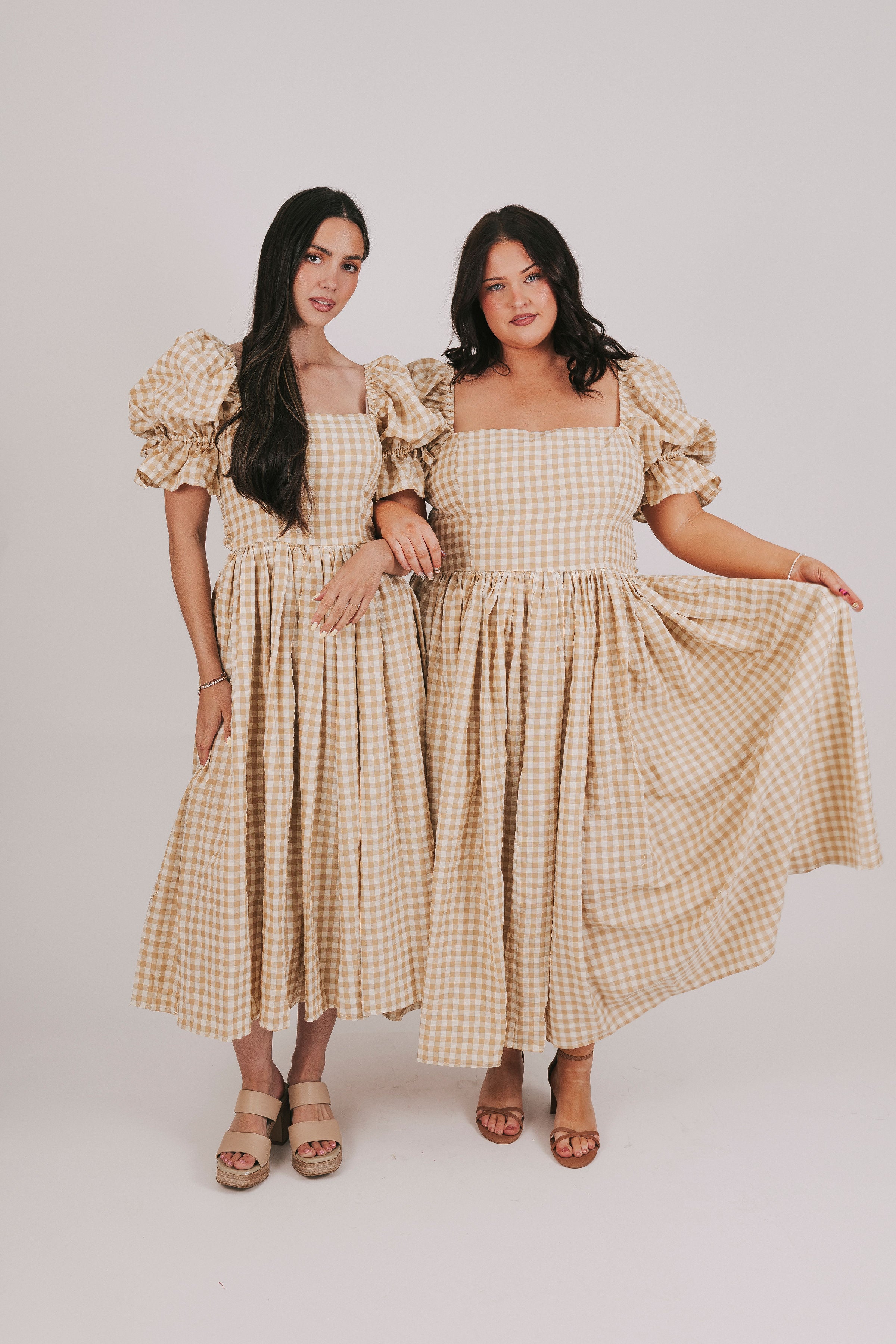 gingham beige dress Beige Check Midi Dress Short Sleeve Shirred
