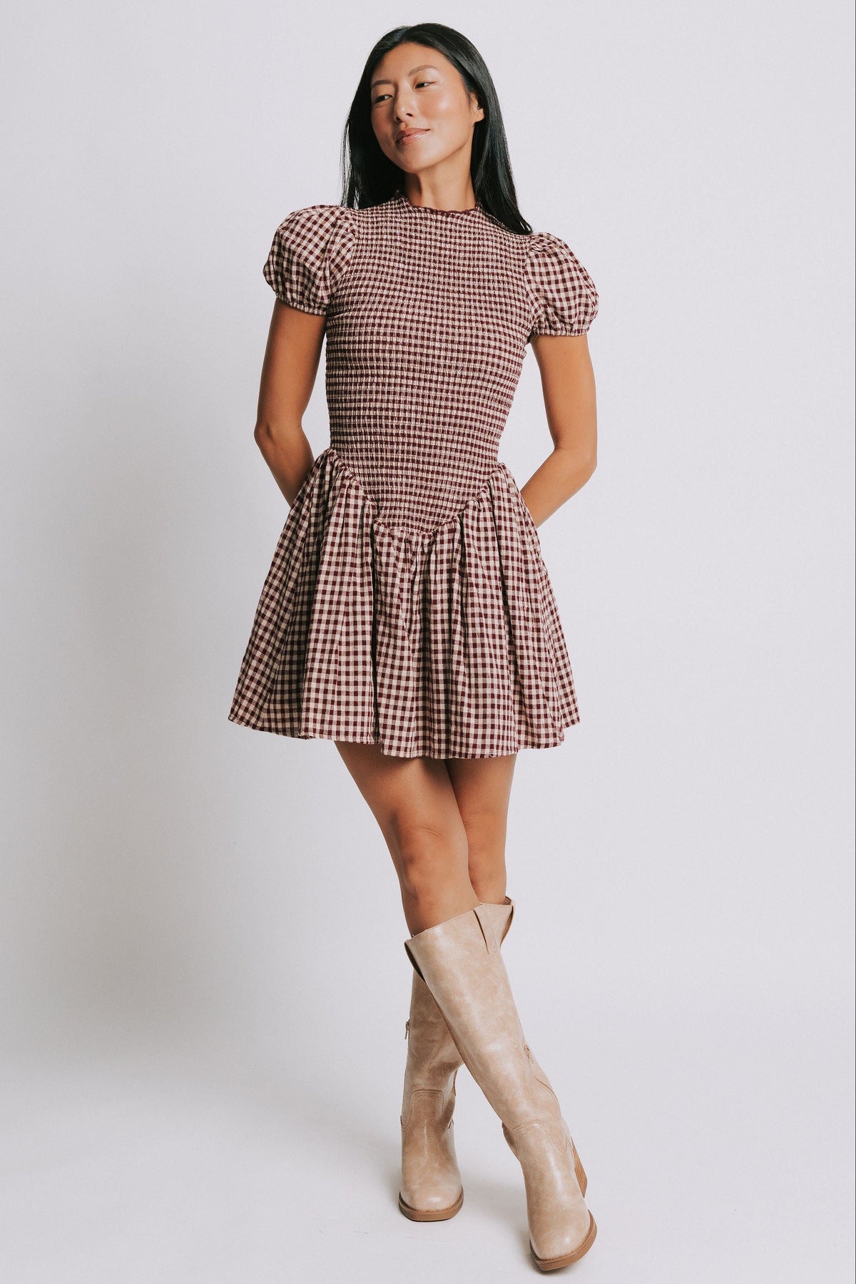 gingham mini dress with puff sleeves