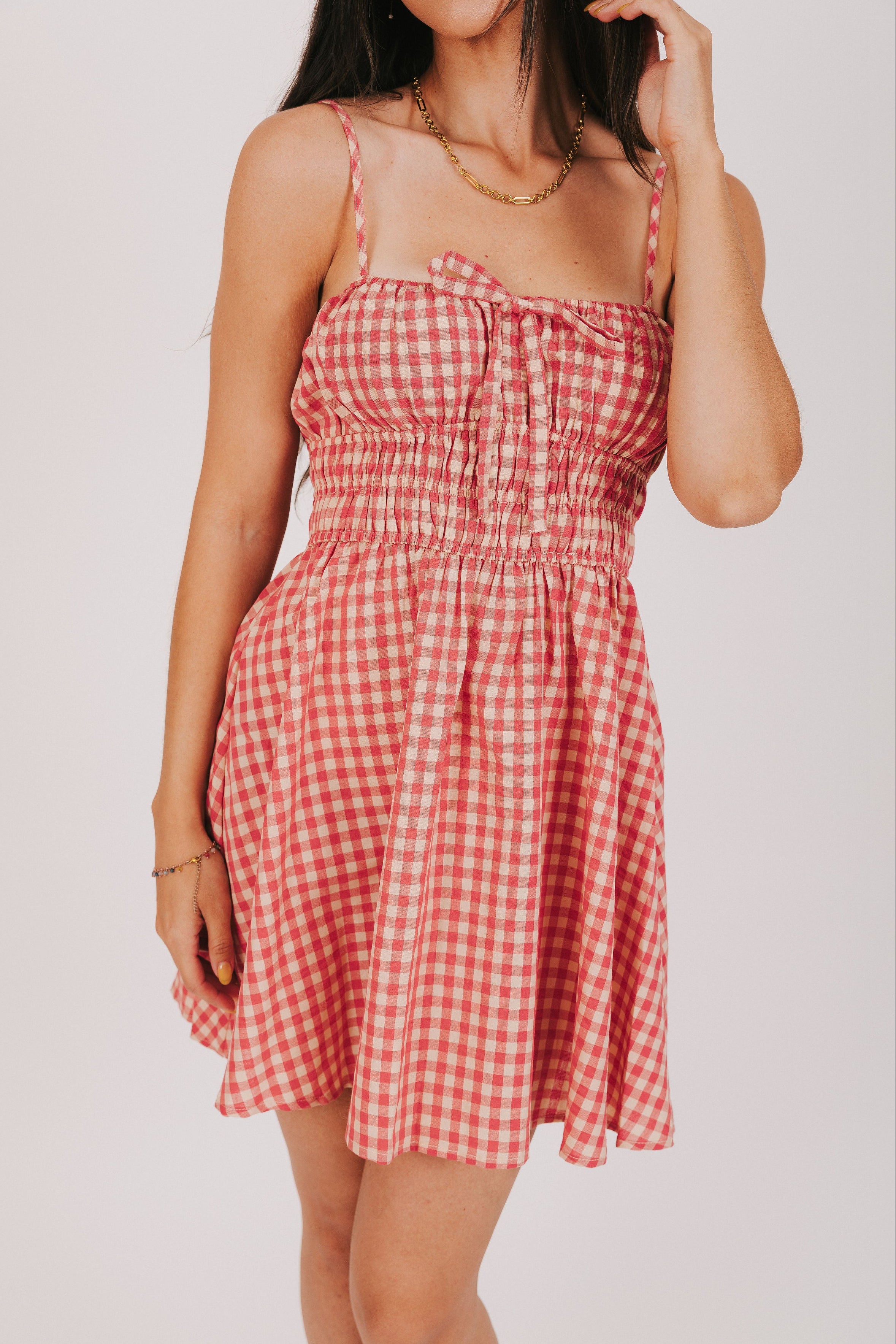gingham mini dress with smocked bodice front