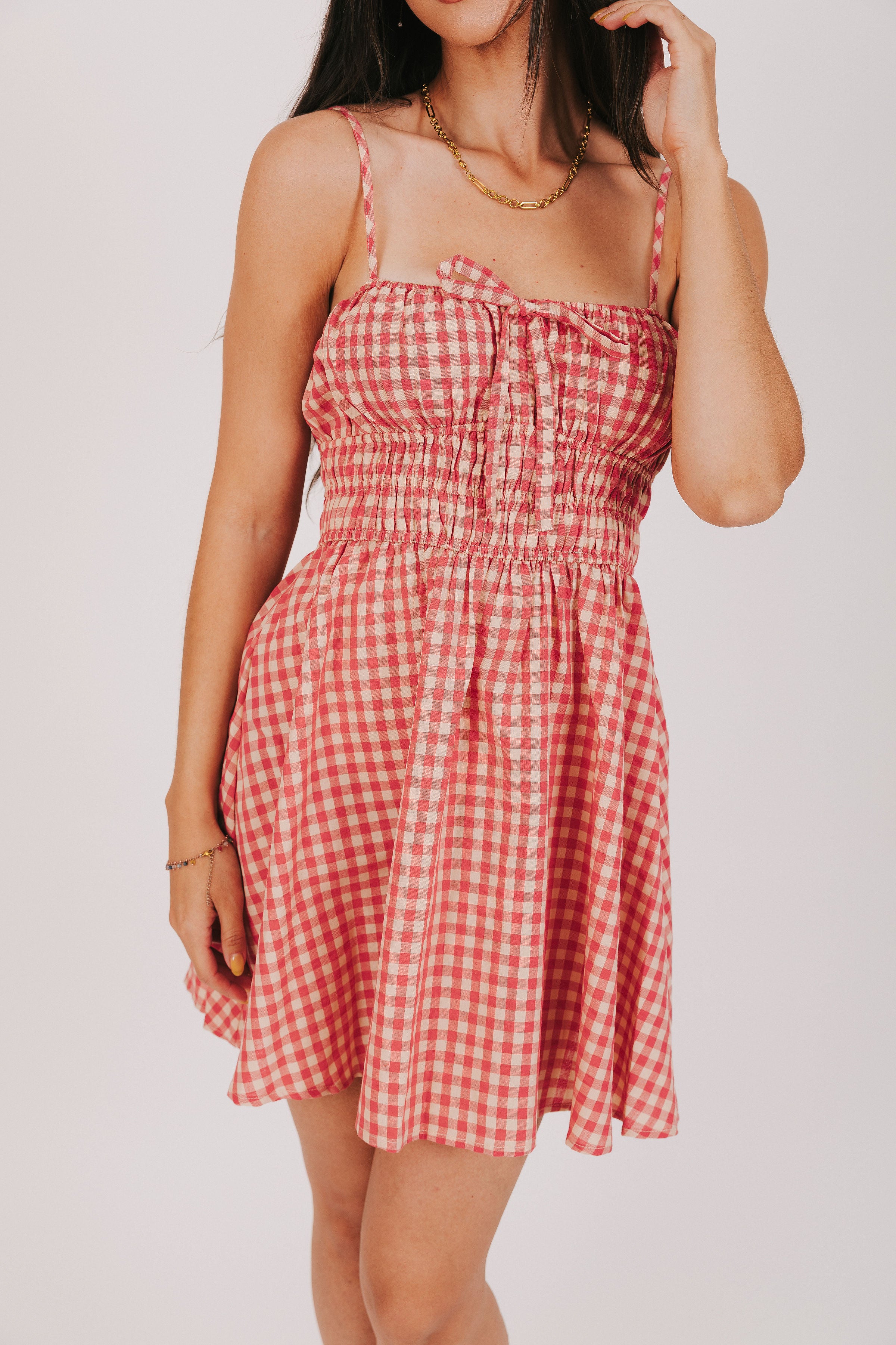 gingham mini dress with smocked bodice front