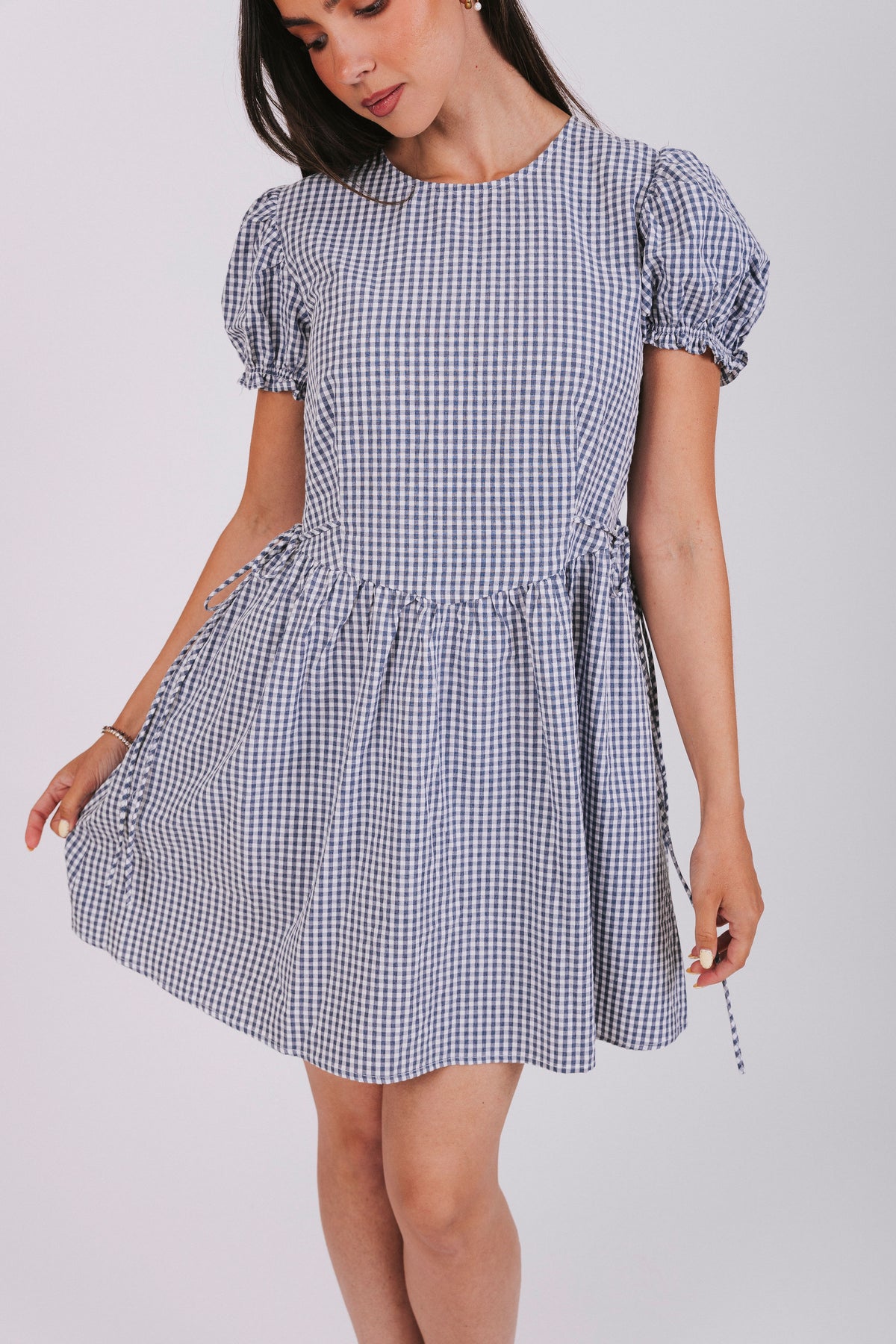 gingham puff sleeve mini dress