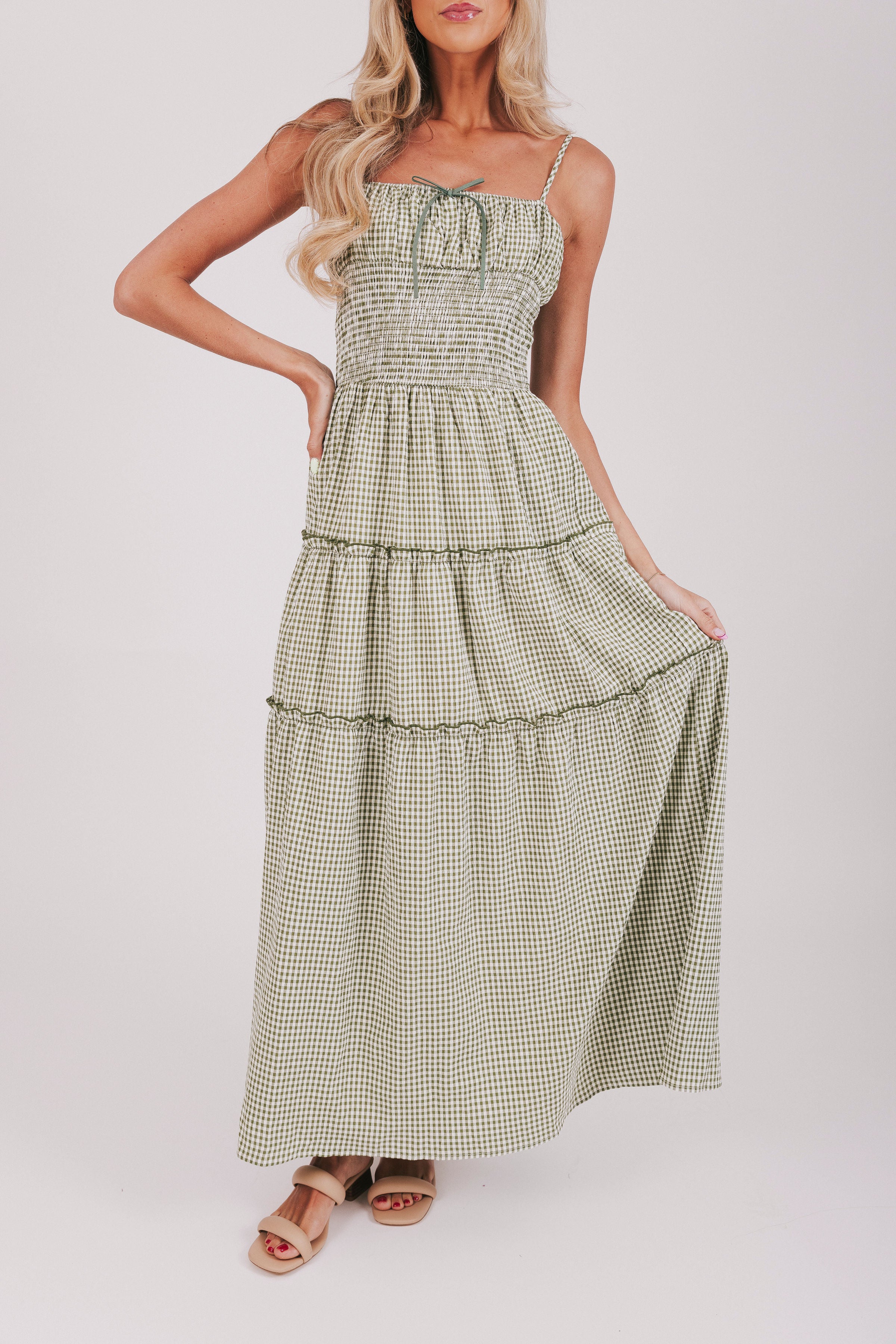 green gingham maxi dress Looking For Answers Dress L / Olive