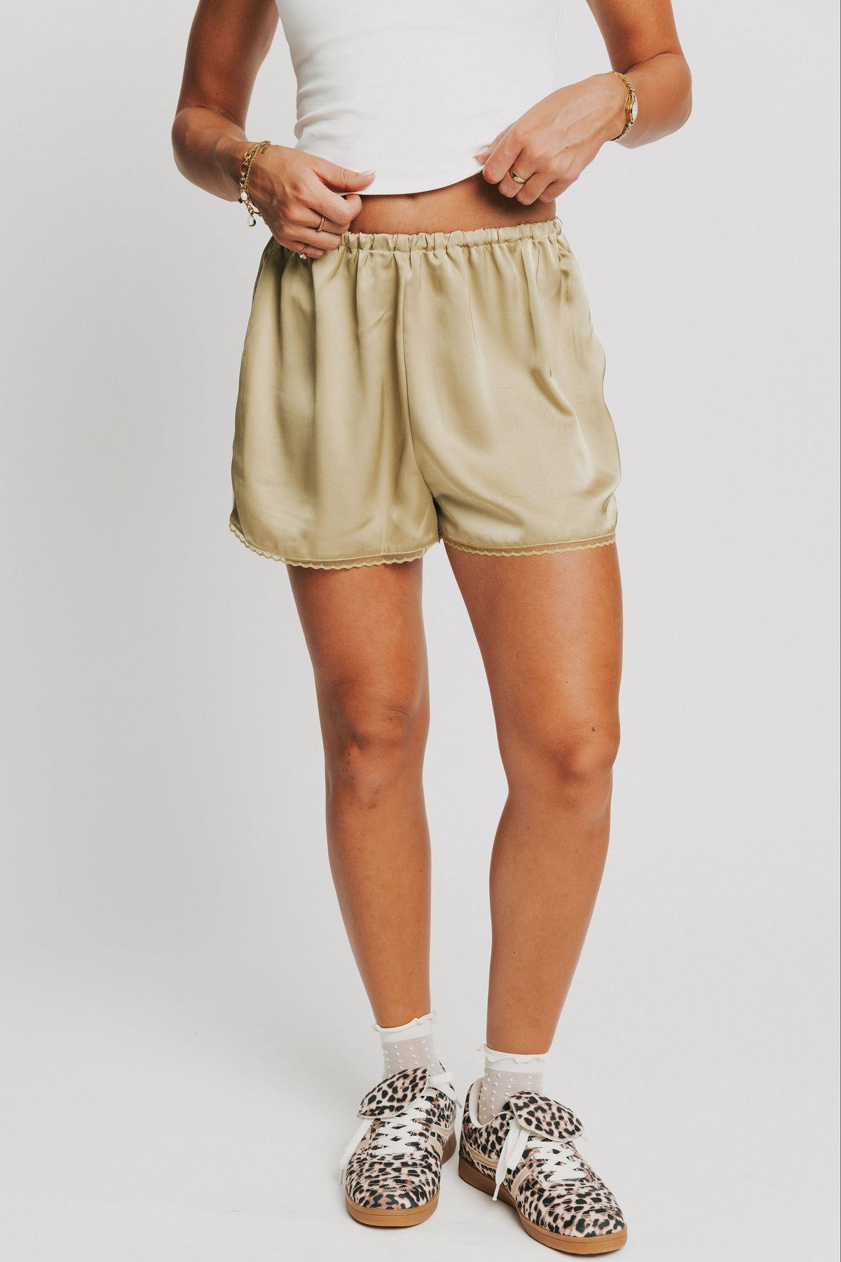green satin shorts with lace trim 