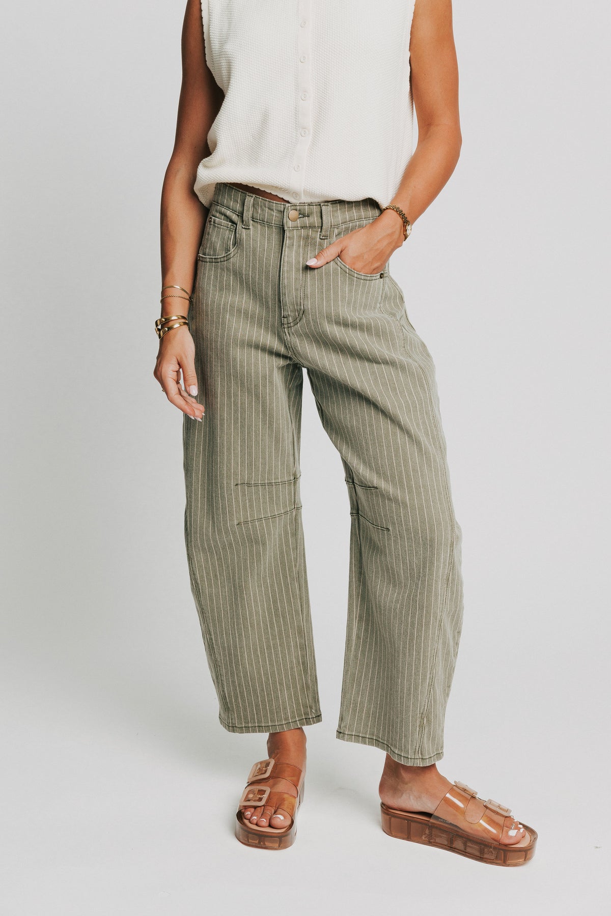 green striped barrel jeans 