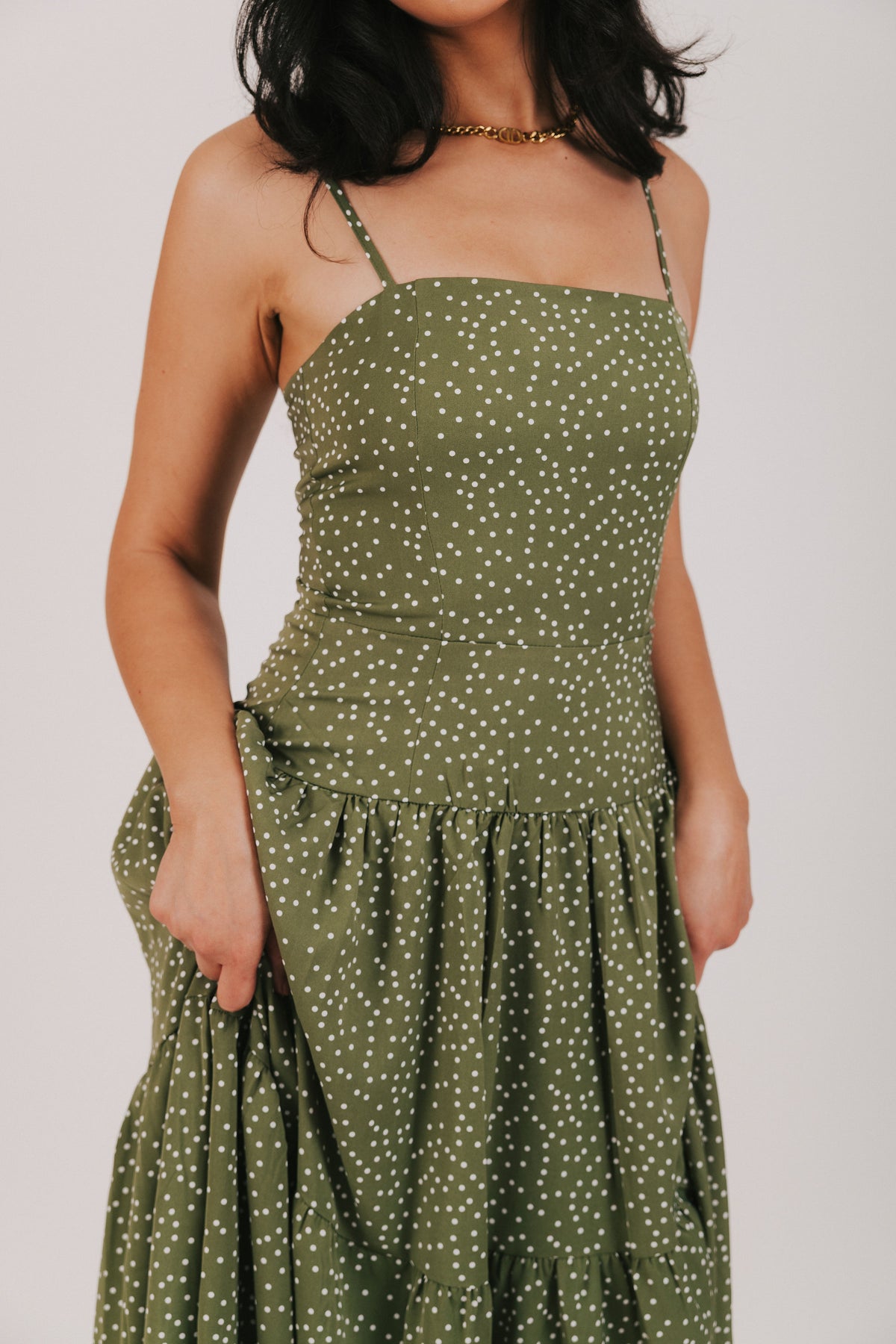 green satin polka dot dress Far Away Dream Zara