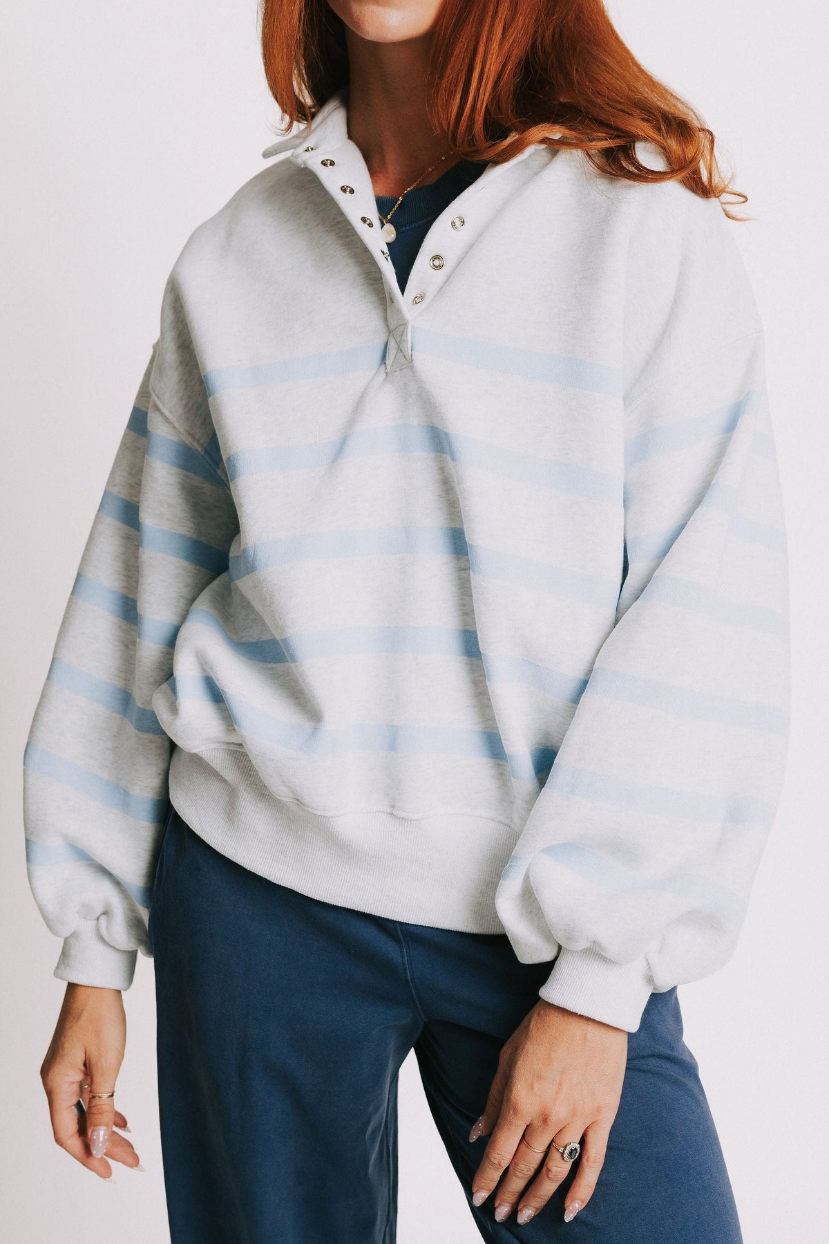grey and blue striped sweatshirt with balloon sleeves front