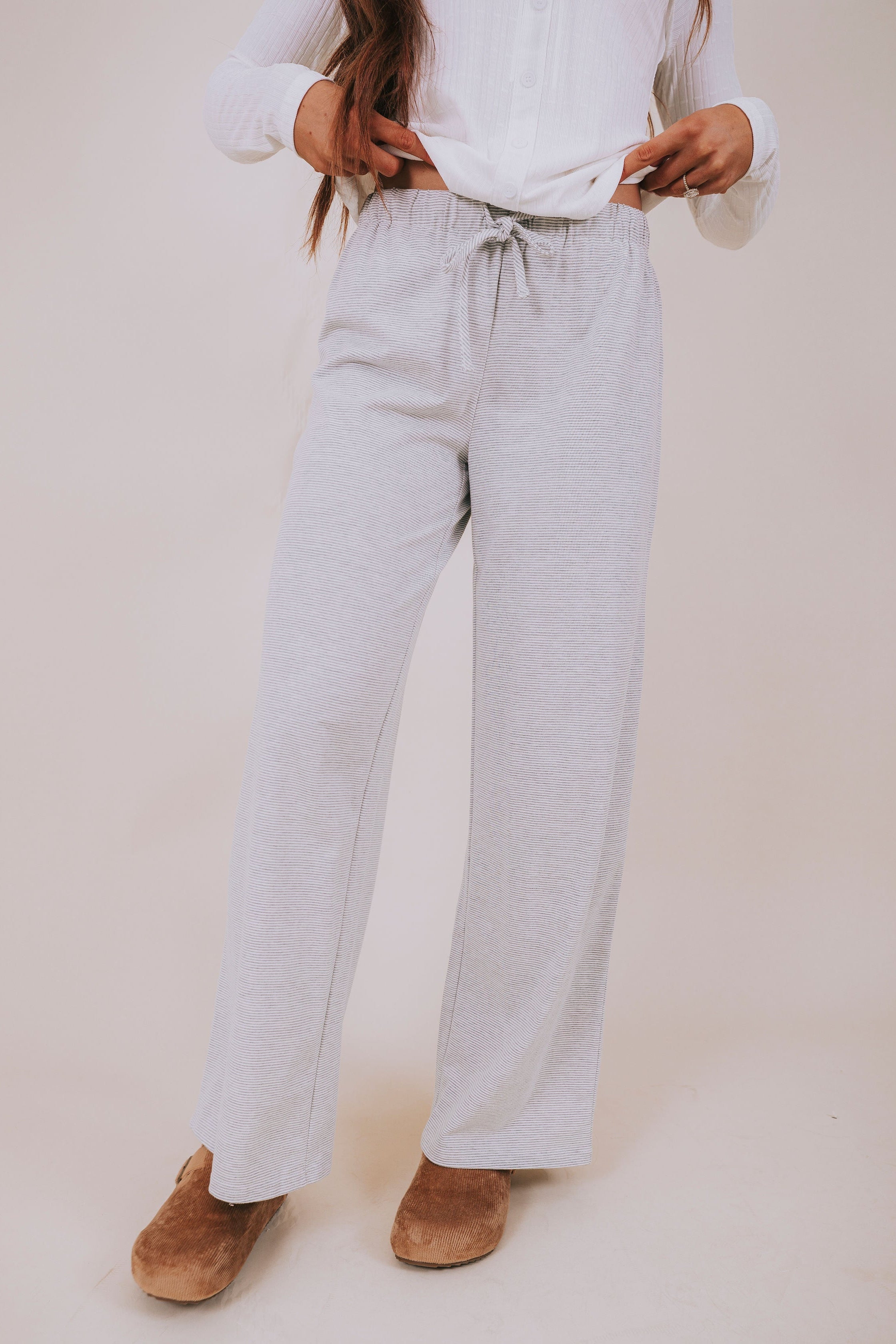 grey and white stripe wide leg pant front