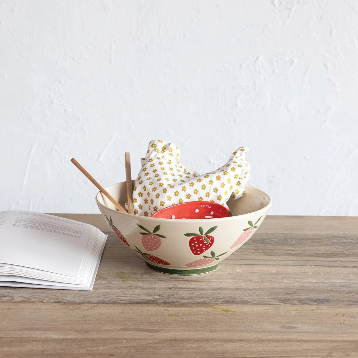 Hand-Painted Stoneware Bowl w/ Wax Relief Strawberries 