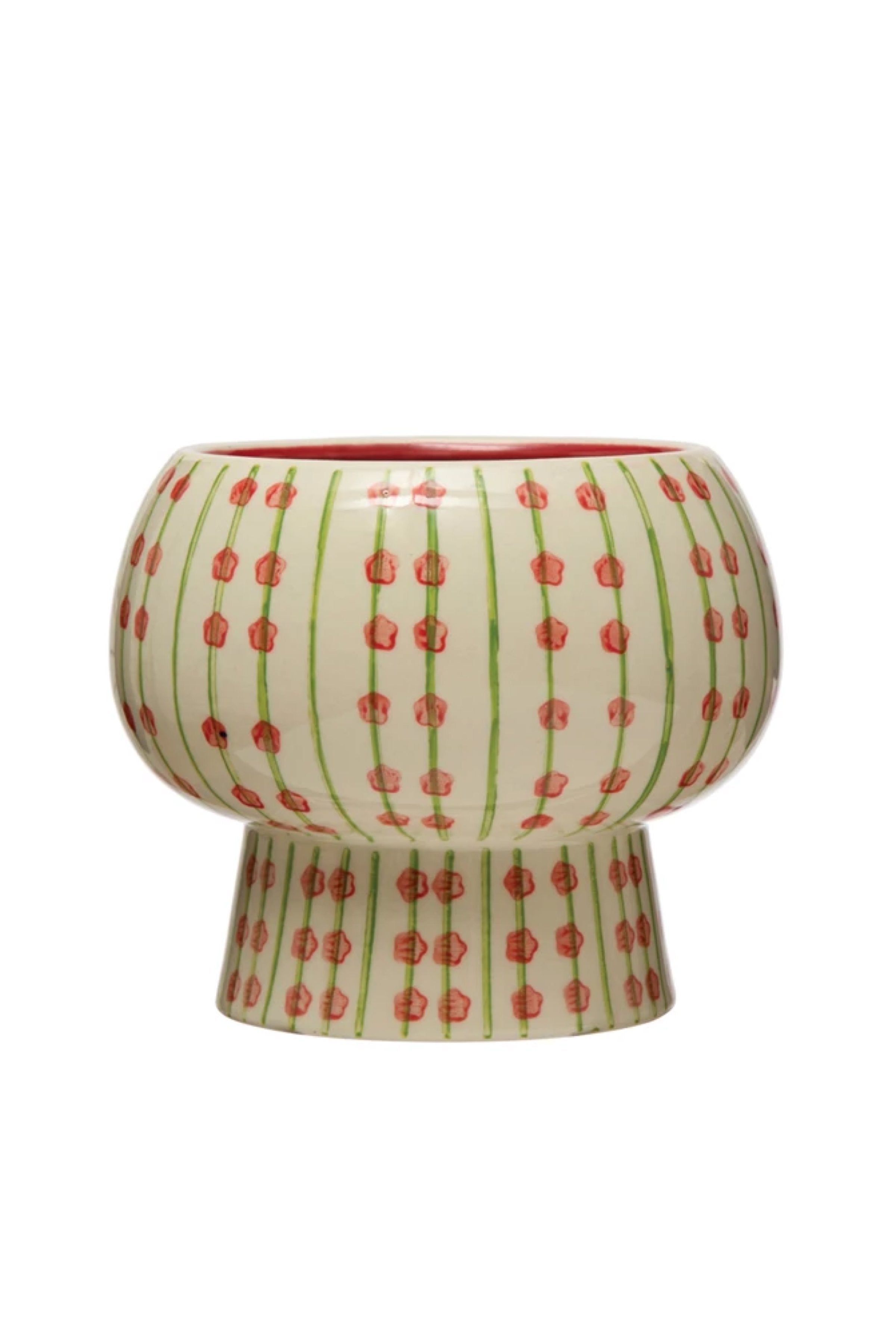 Hand-Painted Stoneware Planter w/ Pattern, Cream Color, Green & Red 
